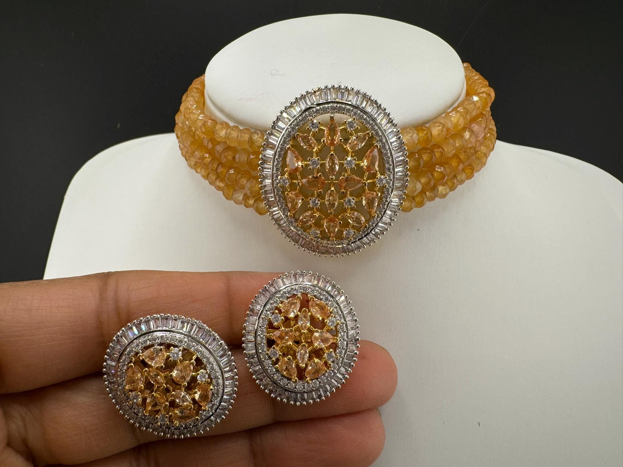 Premium Fusion necklace with CZ Pendant, natural stones and onyx beads choker Necklace set