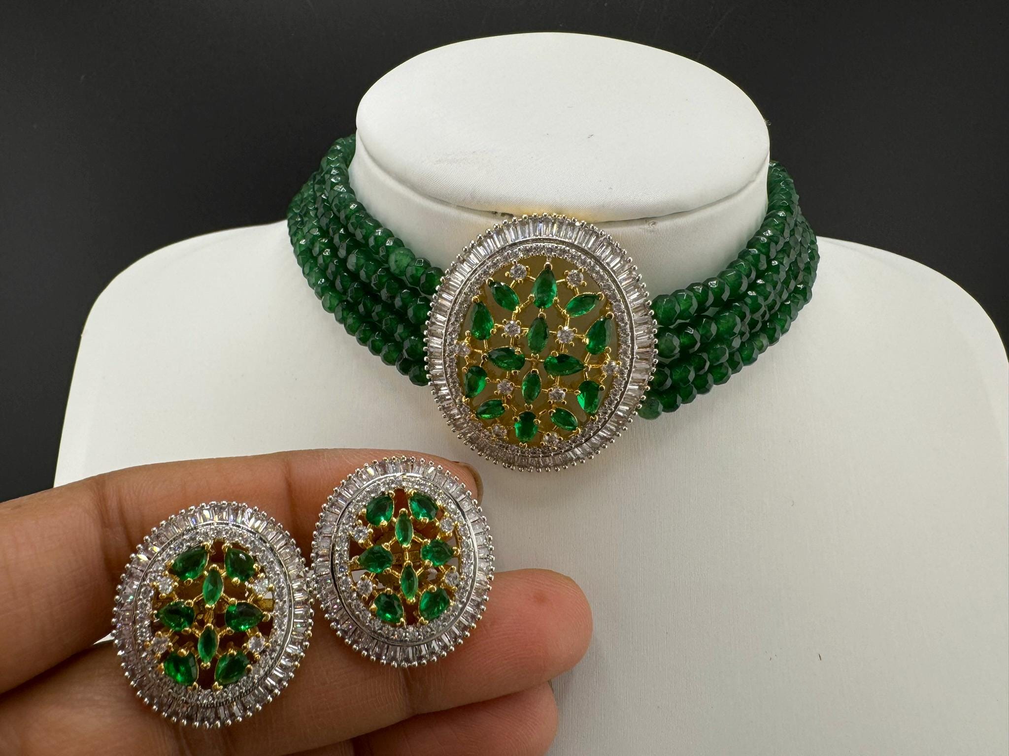 Premium Fusion necklace with CZ Pendant, natural stones and onyx beads choker Necklace set