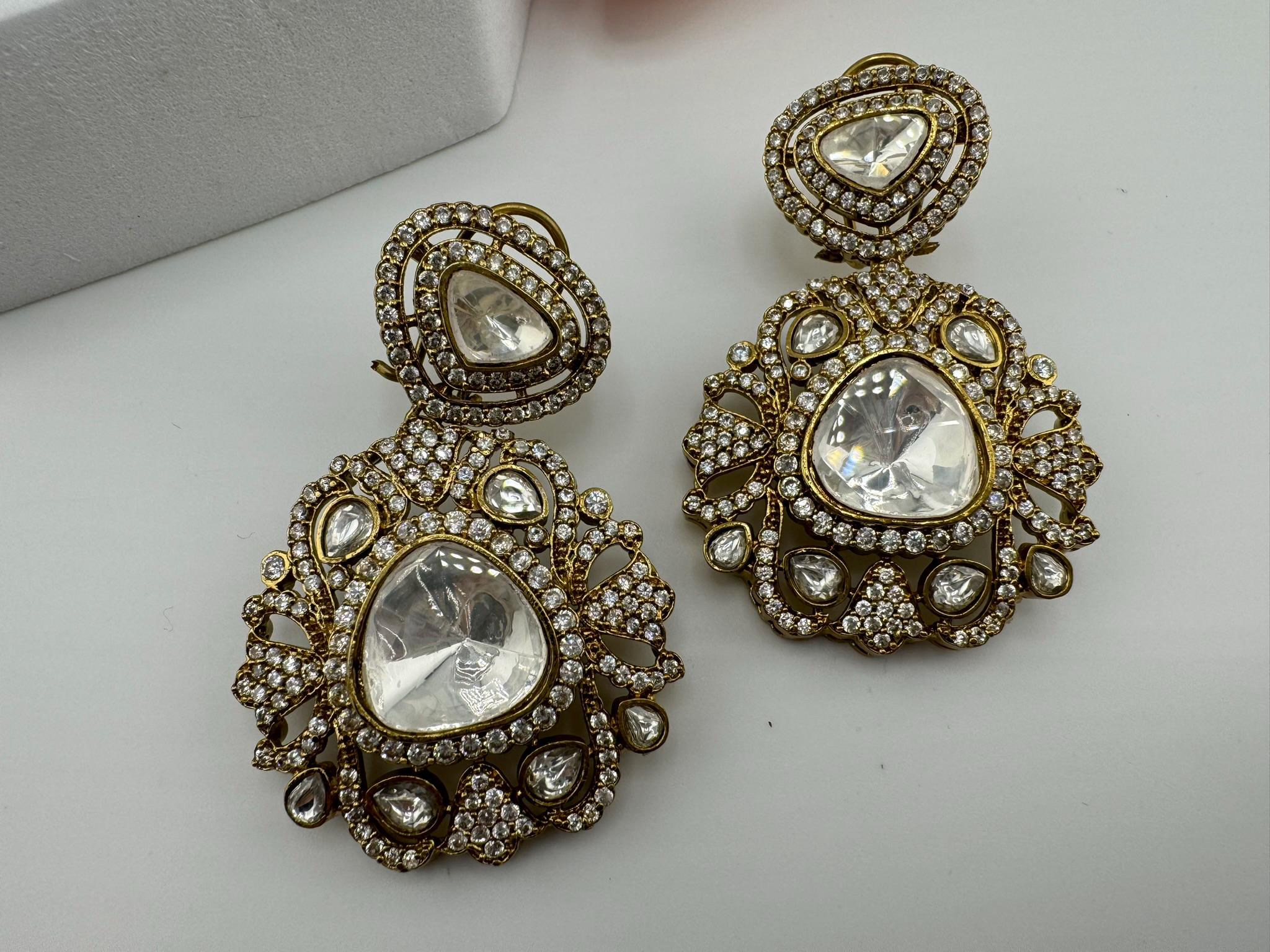 Premium Designer Moissanite Uncut Kundan and details of CZ Dangle earrings