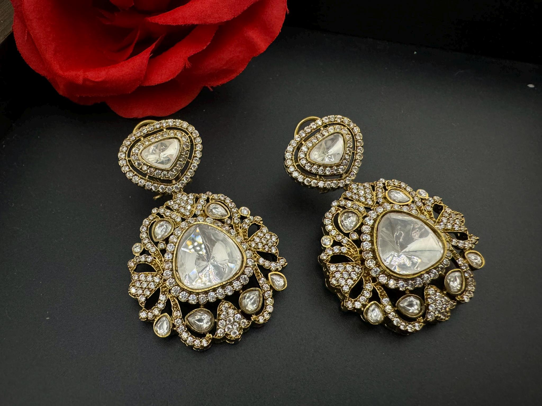 Premium Designer Moissanite Uncut Kundan and details of CZ Dangle earrings