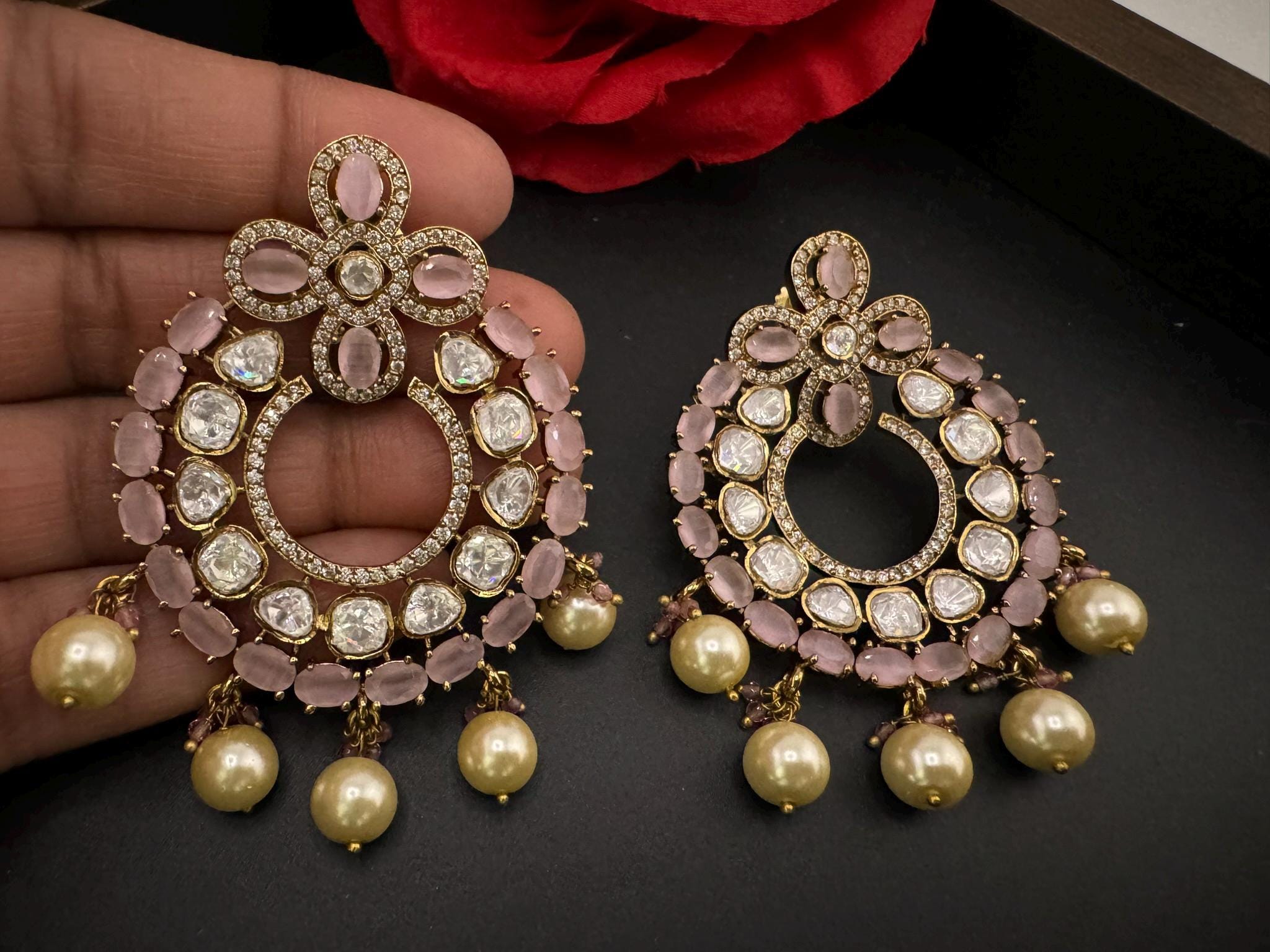 Premium Moissanite Kundan with Pink stones, CZ, Pearls designer Chandelier Earrings