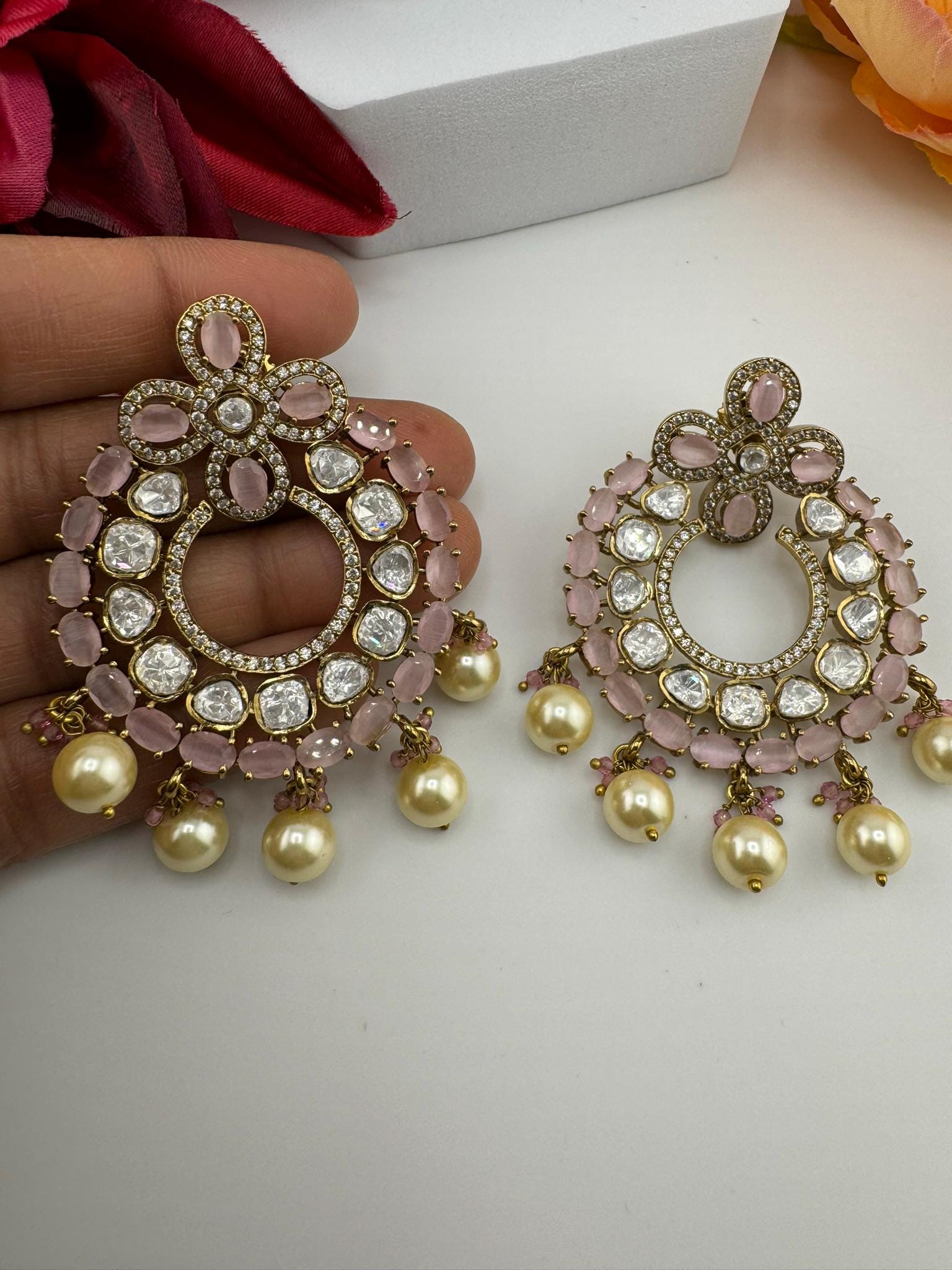 Premium Moissanite Kundan with Pink stones, CZ, Pearls designer Chandelier Earrings