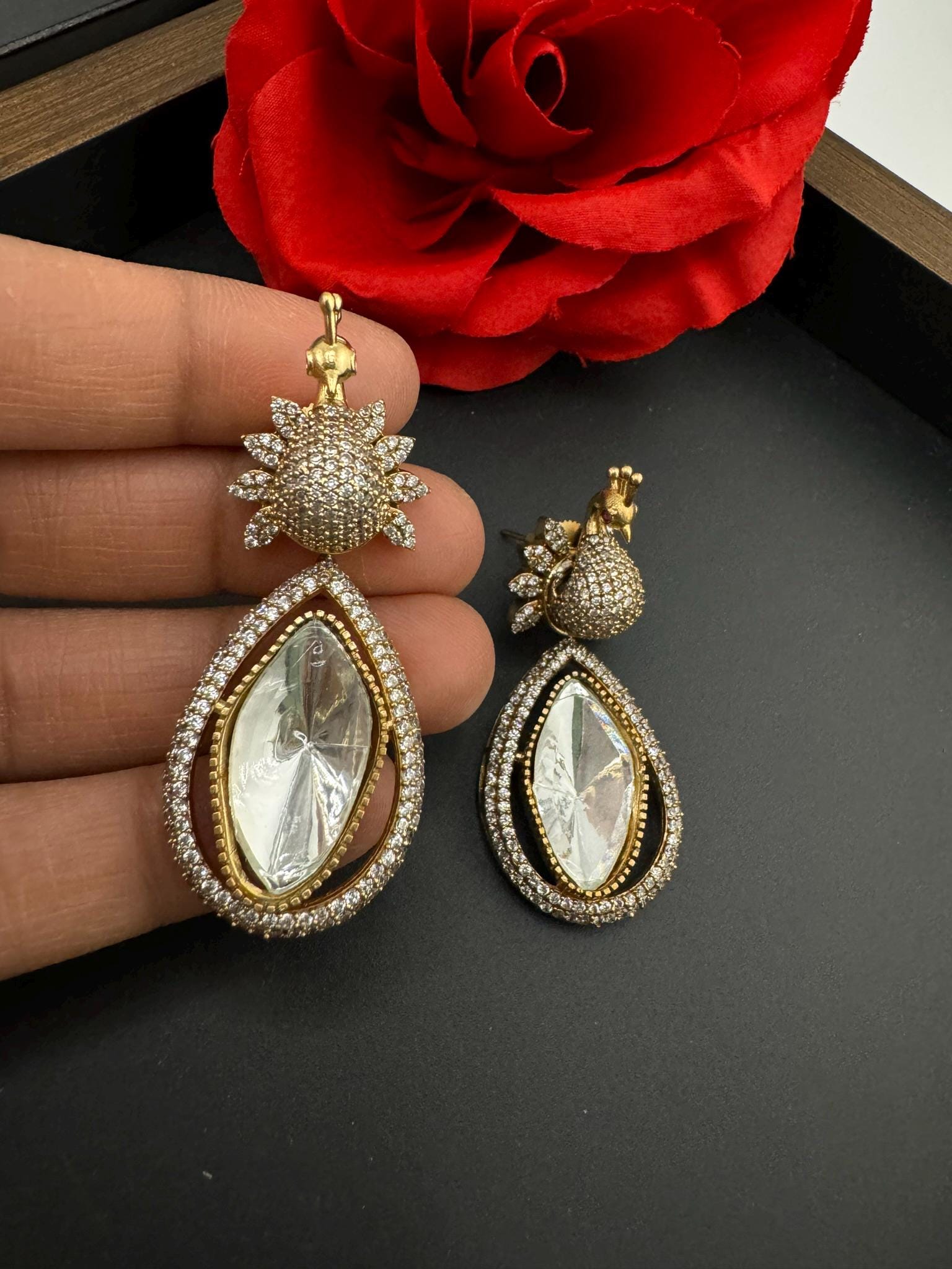 Premium High Quality Uncut Kundan 3D peacock with CZ details Tyaani Inspired designer earrings