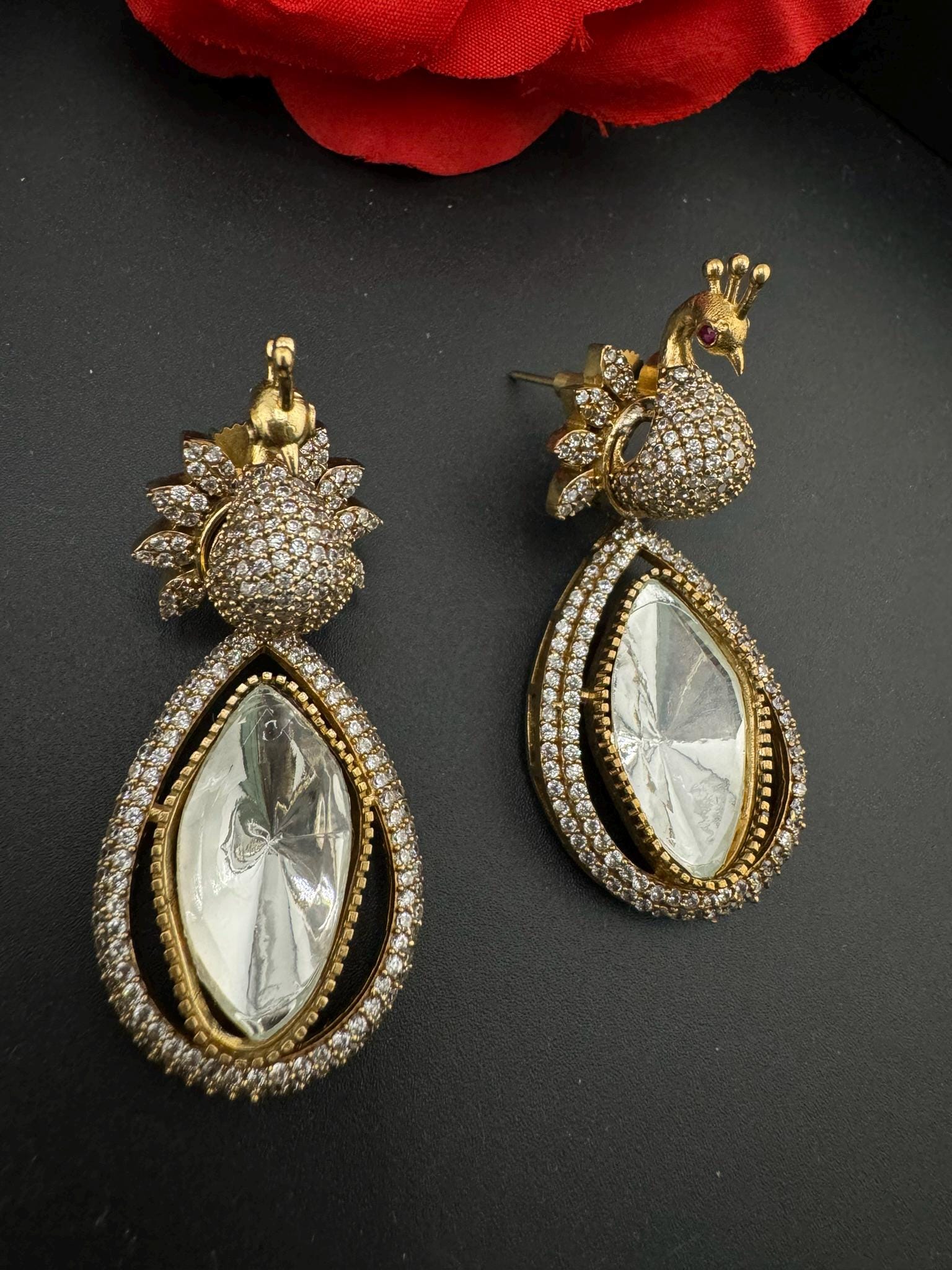 Premium High Quality Uncut Kundan 3D peacock with CZ details Tyaani Inspired designer earrings