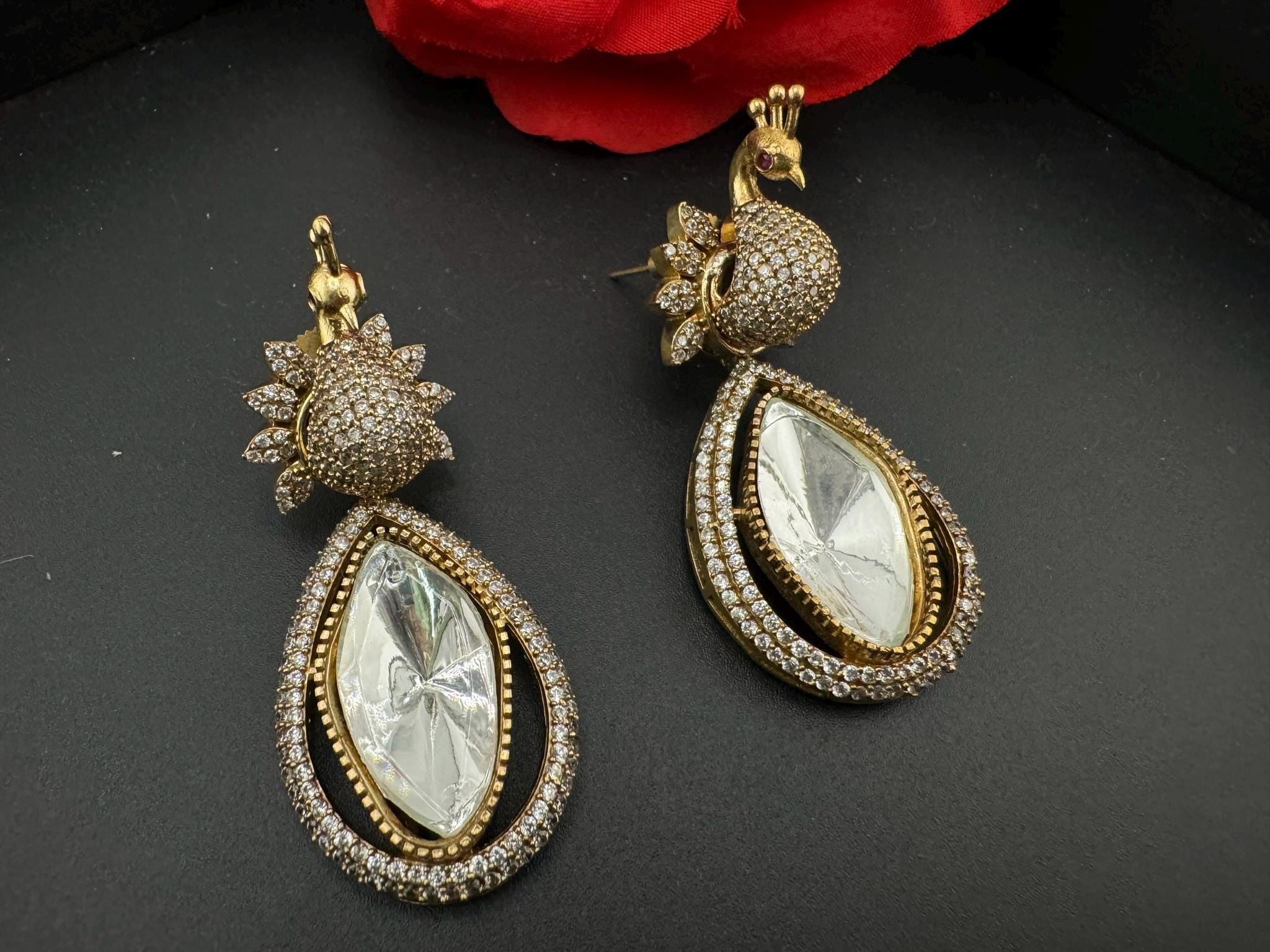 Premium High Quality Uncut Kundan 3D peacock with CZ details Tyaani Inspired designer earrings