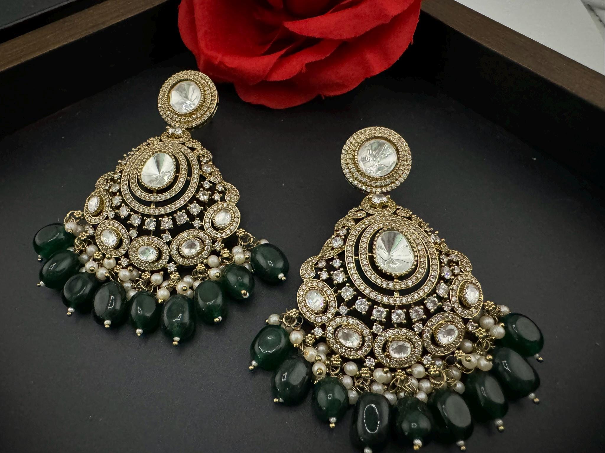 Premium Emerald Green natural stones, Moissanite Kundan with CZ designer Chand Bali earring