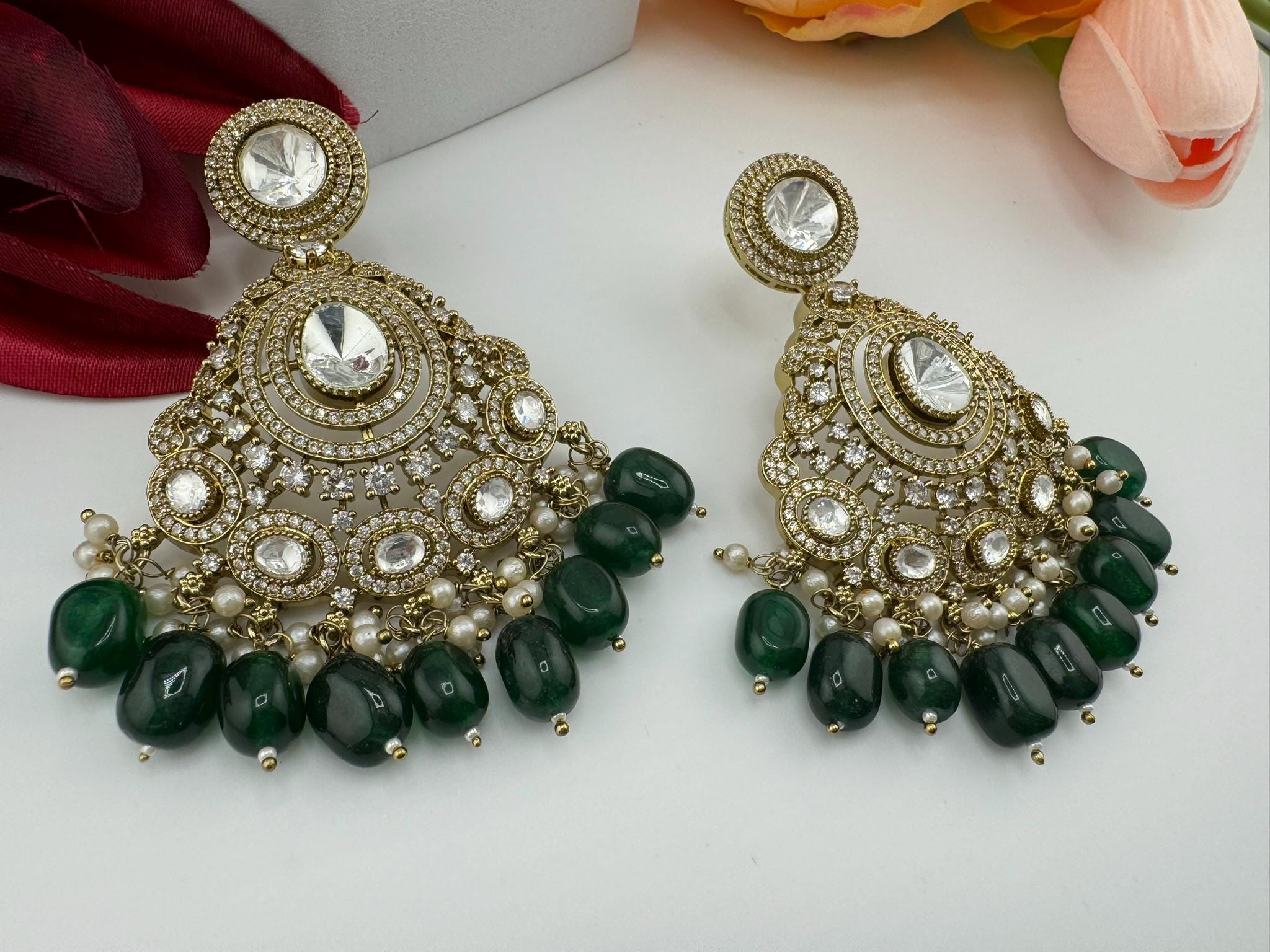 Premium Emerald Green natural stones, Moissanite Kundan with CZ designer Chand Bali earring