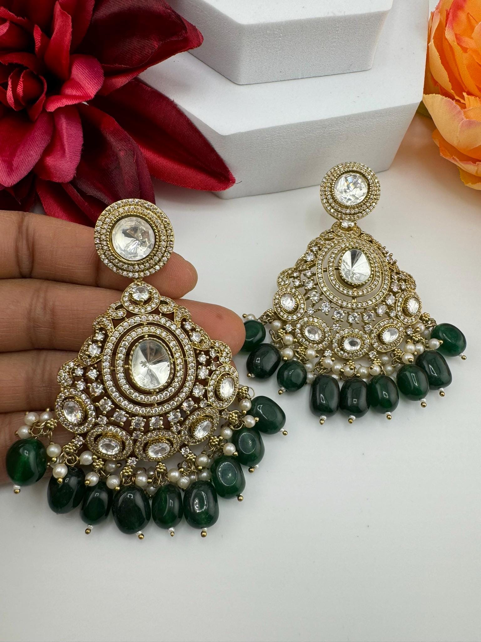 Premium Emerald Green natural stones, Moissanite Kundan with CZ designer Chand Bali earring