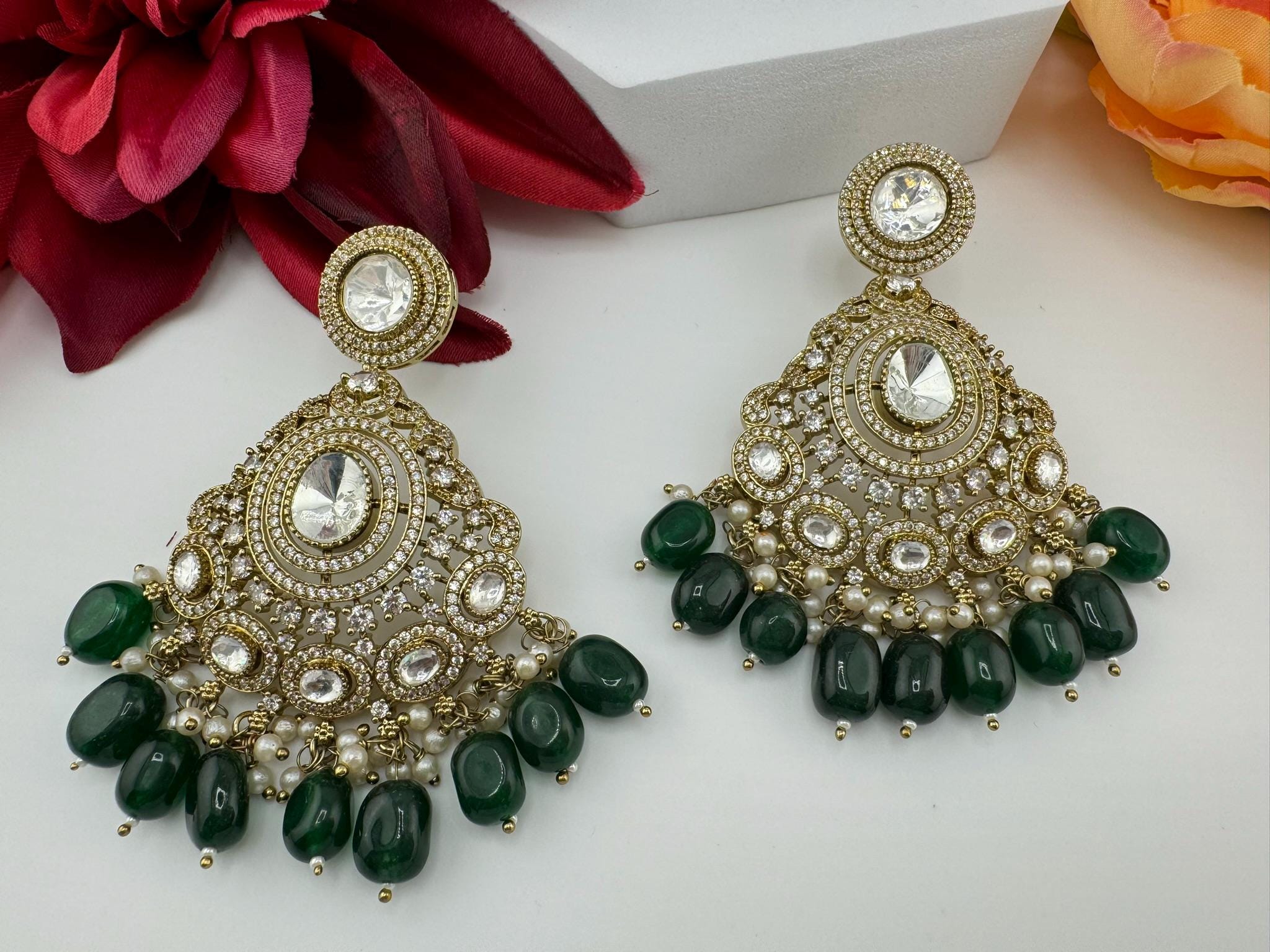 Premium Emerald Green natural stones, Moissanite Kundan with CZ designer Chand Bali earring