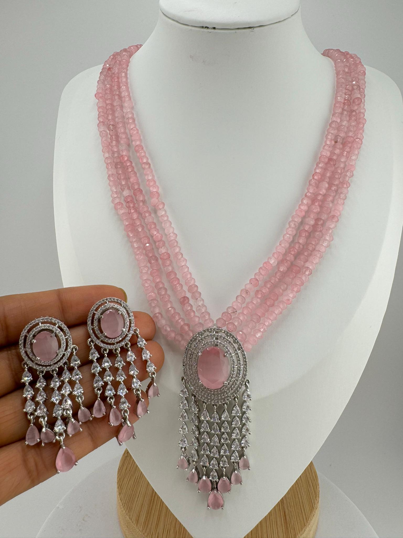 Premium Long necklace,  Rani Haar with CZ pendant, natural stones and onyx beads Long Necklace set