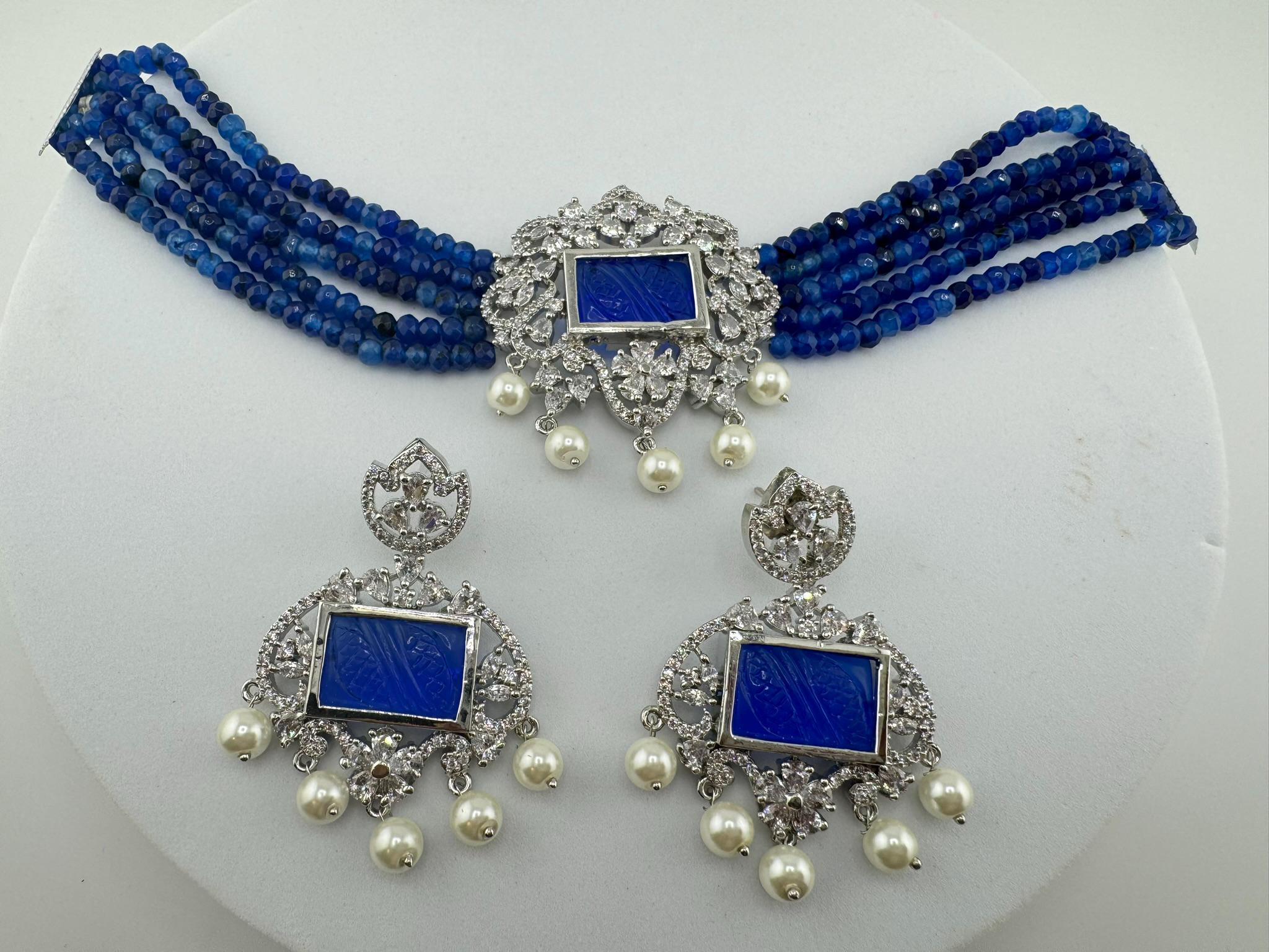 Premium fusion Choker necklace set with CZ pendant, carved stones and Onyx Hydro beads