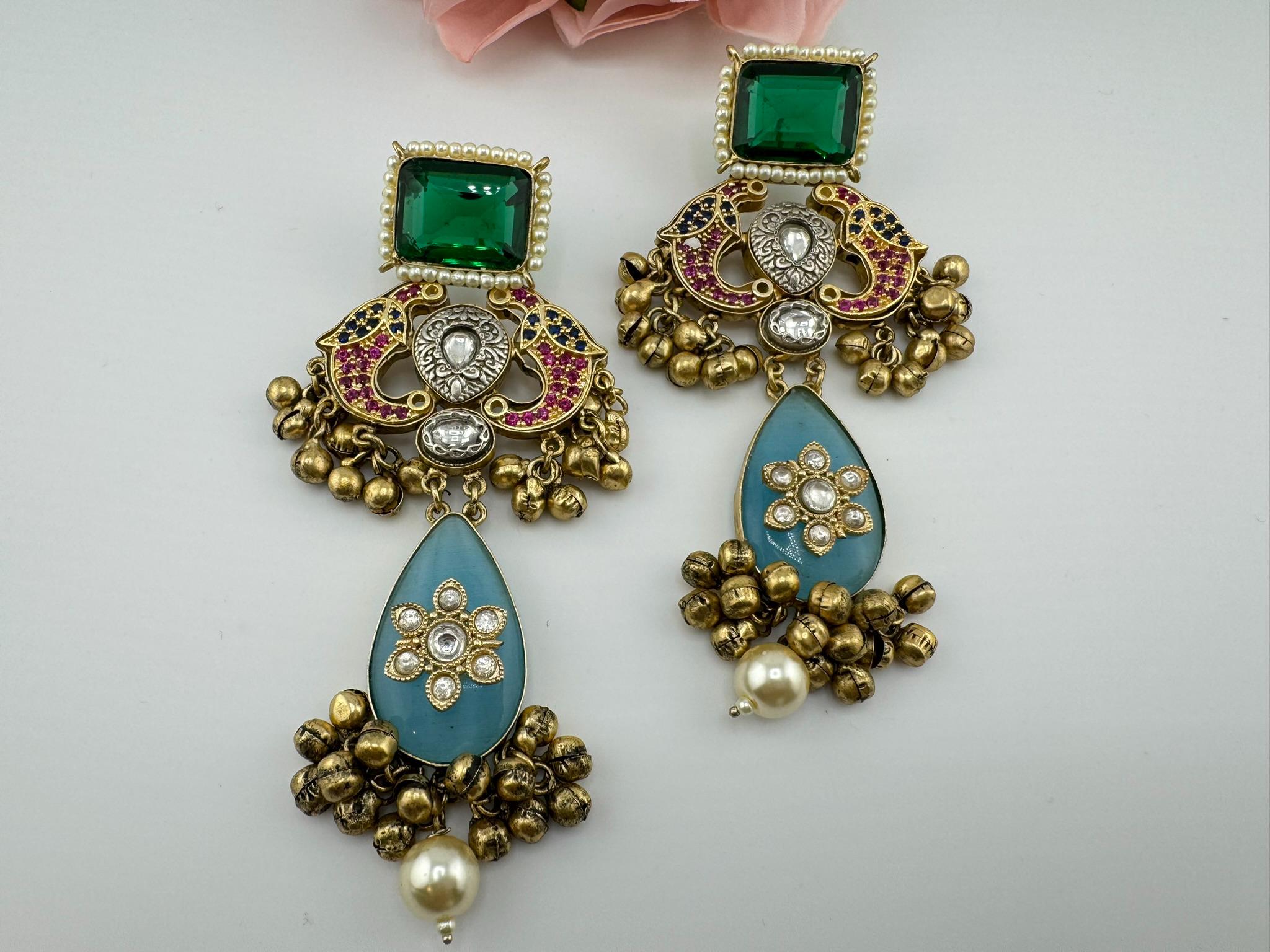 Amrapali Inspired Premium designer Chandbali Earring with Multicolor Pachi Kundan and Gungroo