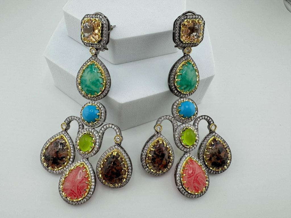 Sabyasachi inspired Premium Designer Chandelier Earrings in Multicolor Natural stone, CZ, Crystal stones