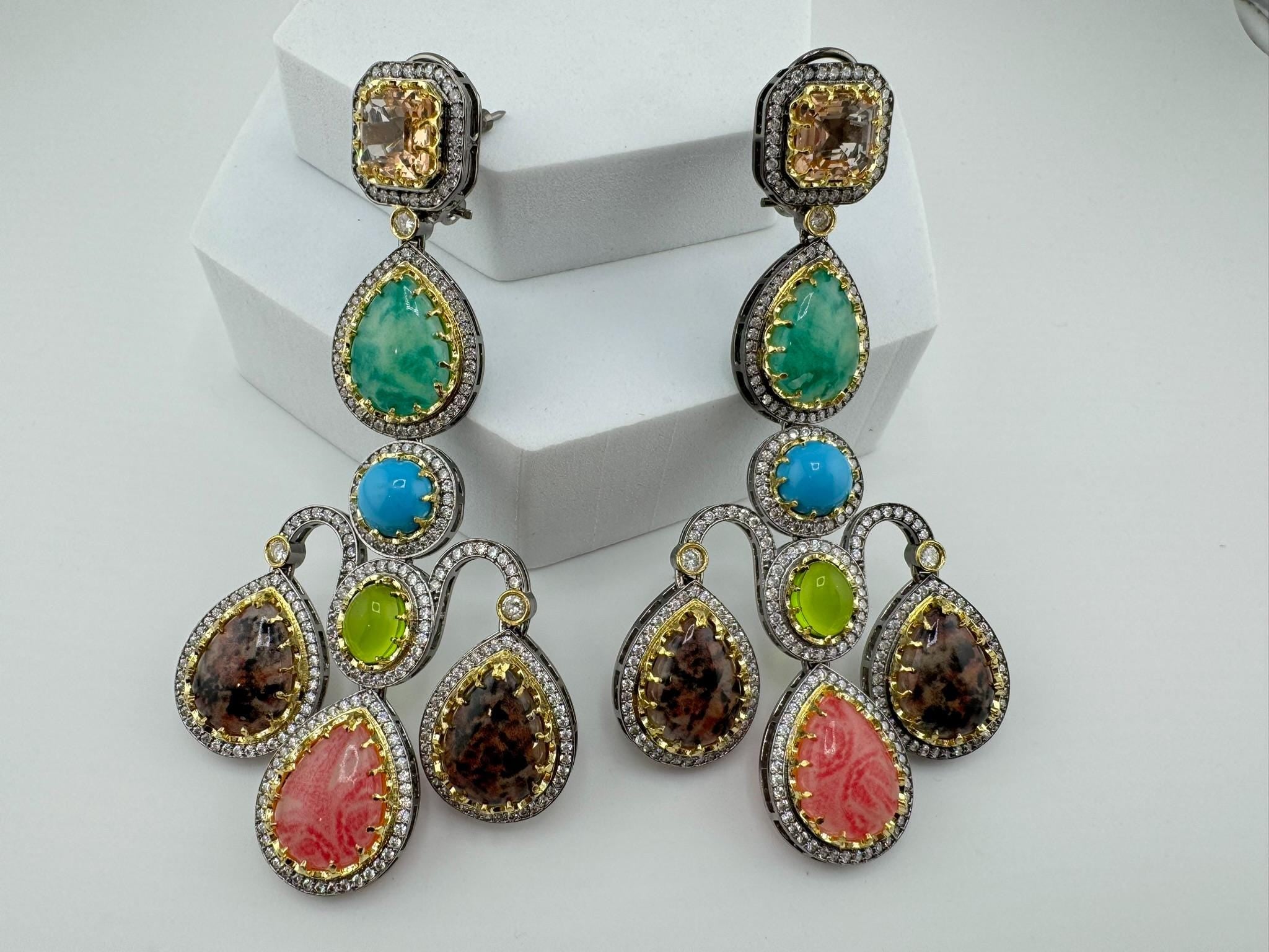 Sabyasachi inspired Premium Designer Chandelier Earrings in Multicolor Natural stone, CZ, Crystal stones