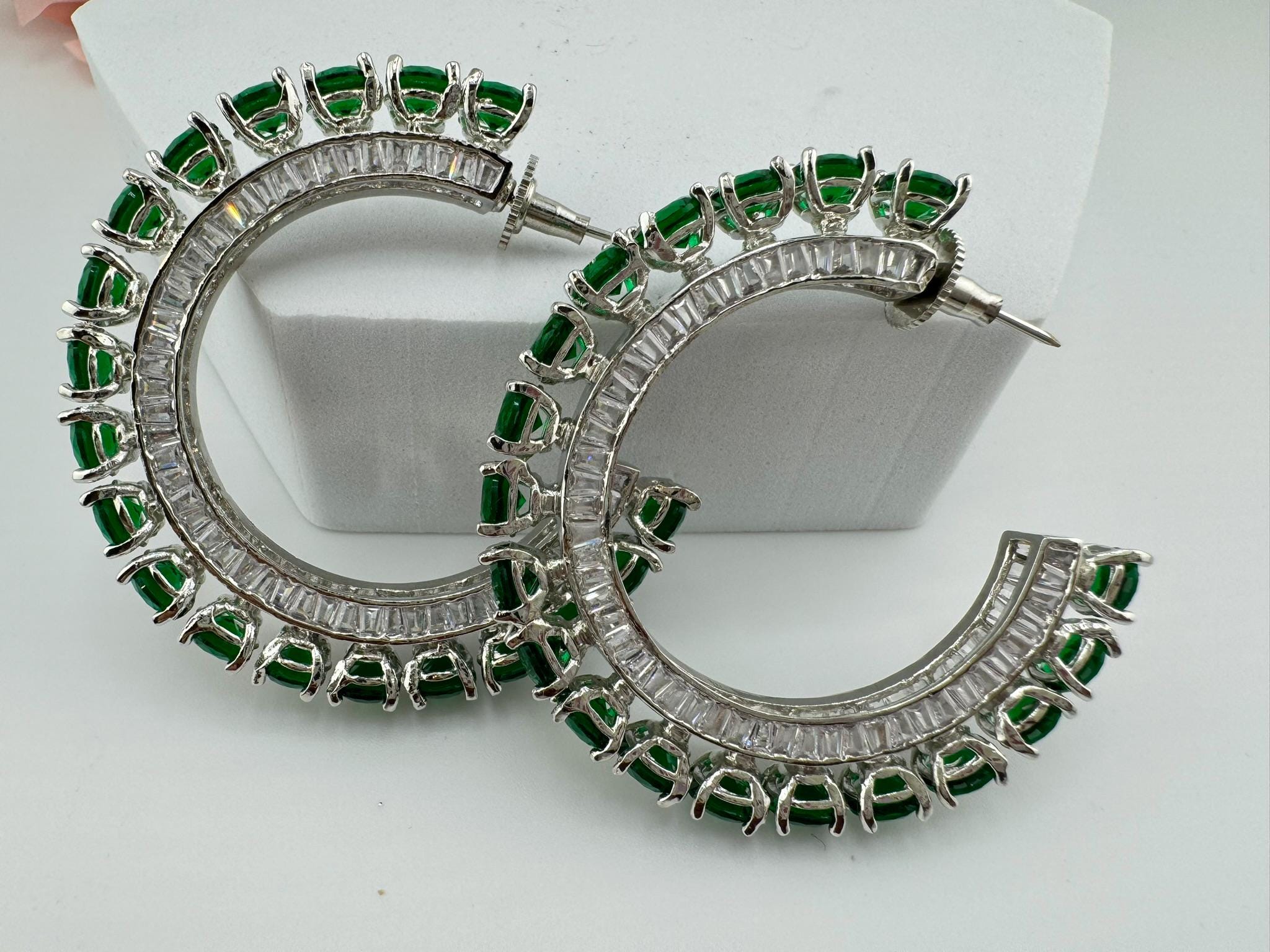 High Quality Premium Emerald Green Swarovski inspired, all around stones Open Hoop designer earrings/statement jewelry/Silver Hoop earrings