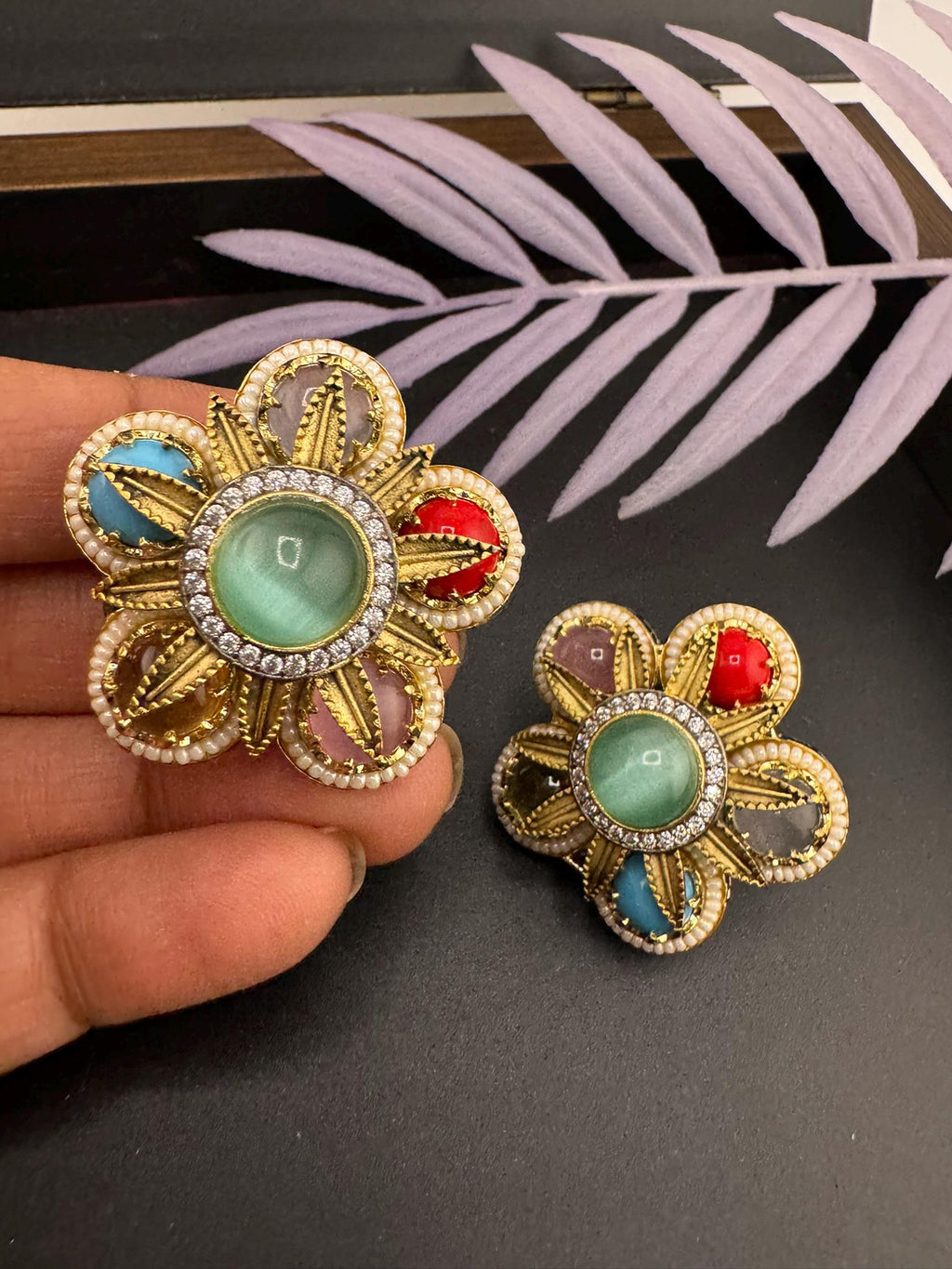 Sabyasachi inspired Premium designer Stud Earrings in Multicolor Natural stone, CZ and pearls