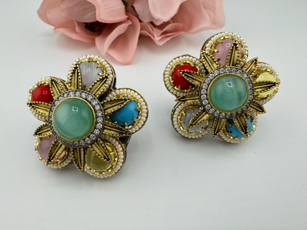 Sabyasachi inspired Premium designer Stud Earrings in Multicolor Natural stone, CZ and pearls