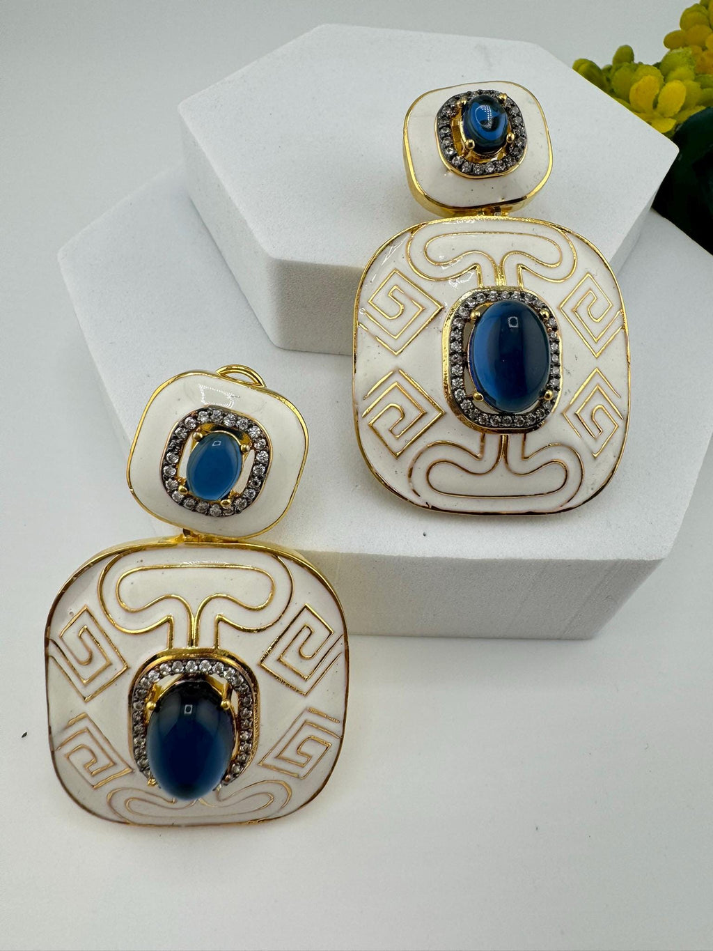 Premium White Enamel with CZ and Blue Stone and gold detailed designer Dangle earrings
