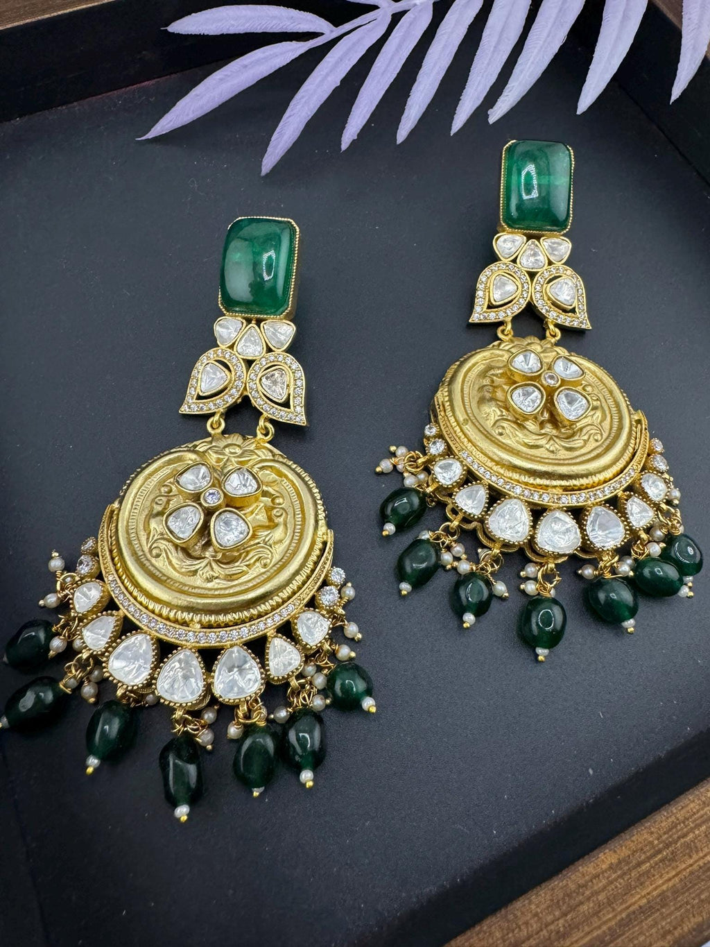 Amrapali Inspired Designer Premium Chandbali with Green stones, Moissanite Kundan and CZ long earrings
