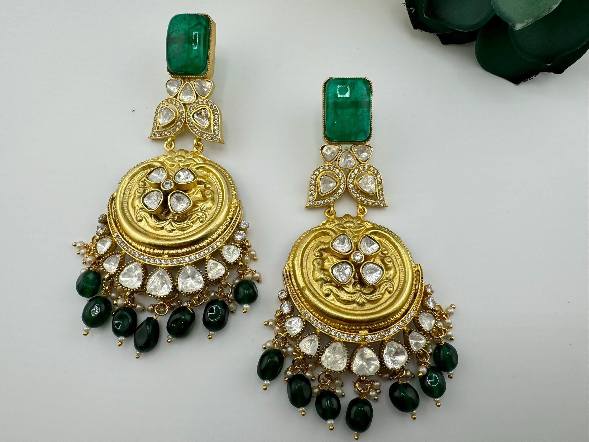 Amrapali Inspired Designer Premium Chandbali with Green stones, Moissanite Kundan and CZ long earrings