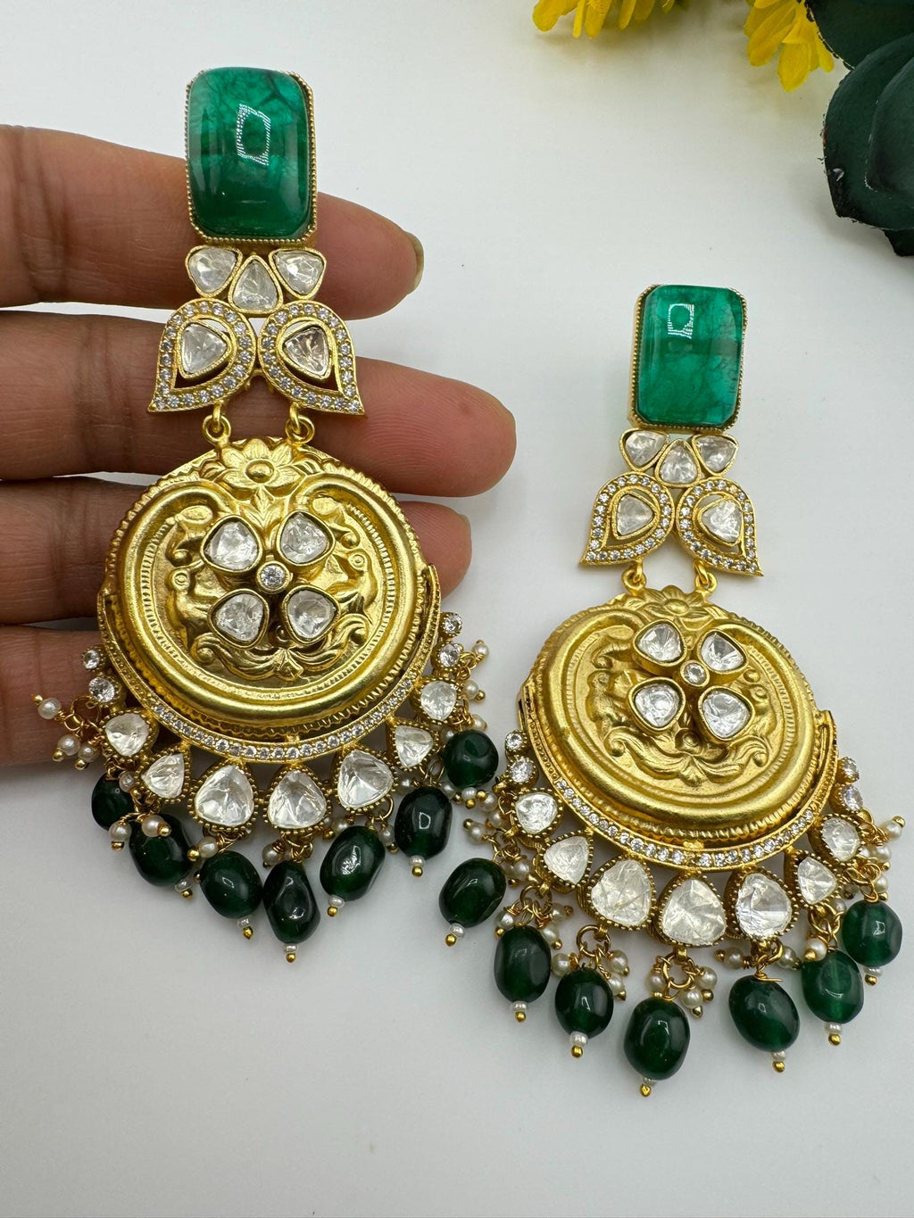 Amrapali Inspired Designer Premium Chandbali with Green stones, Moissanite Kundan and CZ long earrings