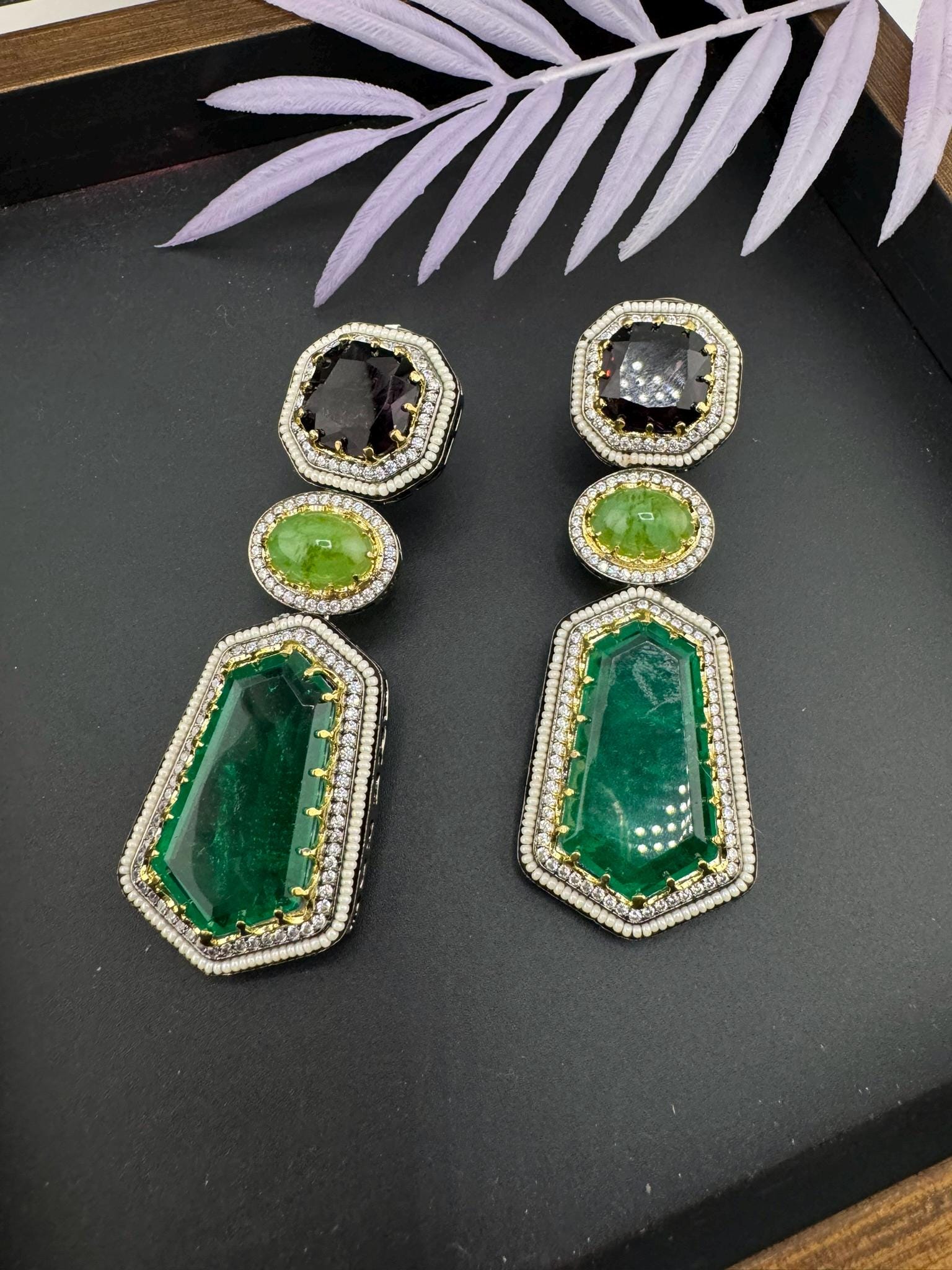 Sabyasachi Inspired designer Premium Purple and Green Victorian long earrings in CZ and pearls details