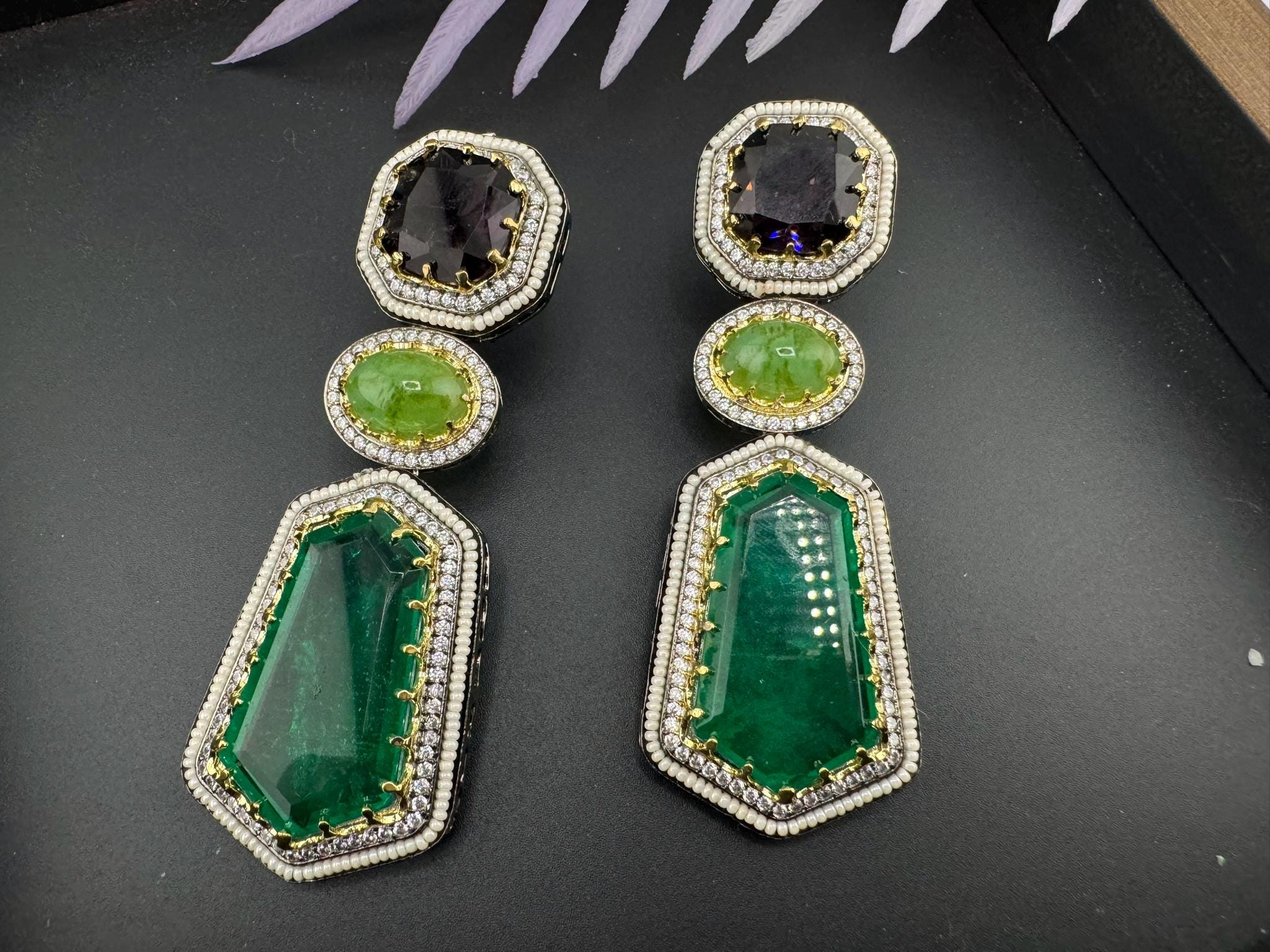 Premium Purple and Green Victorian long earrings in CZ, pearl details is Sabyasachi Inspired designer Long Chandelier earring/Bridal Jewelry