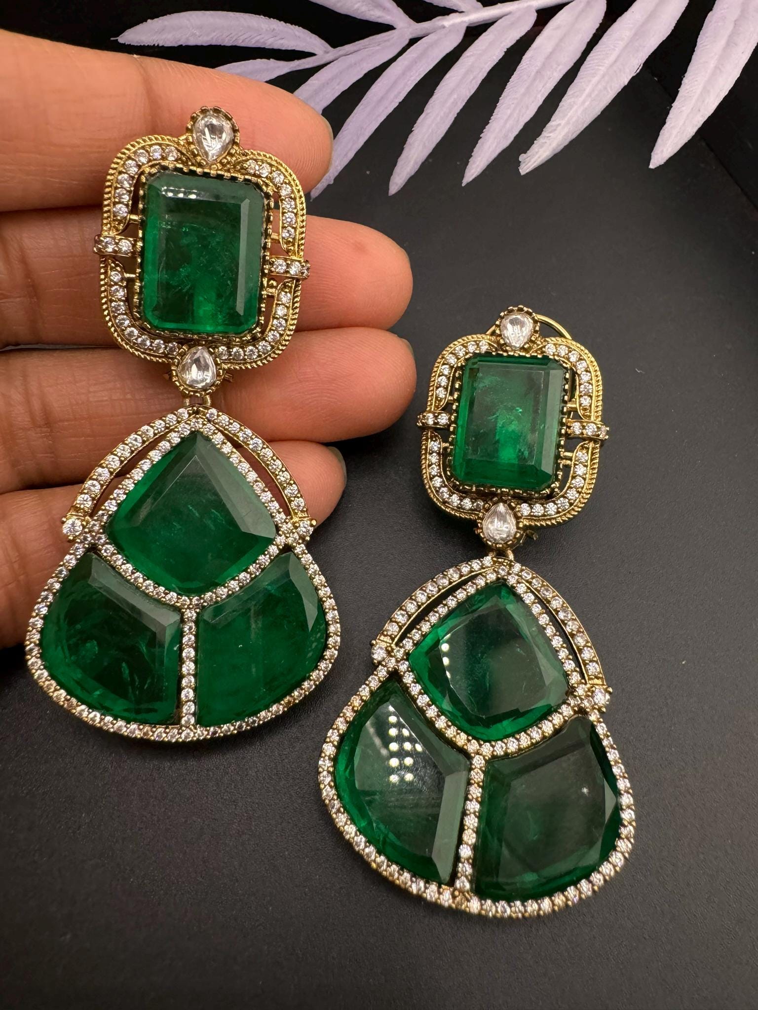 Premium Green Doublet and glass stones earrings with Moissanite kundan, CZ details designer Chandelier earring/Indian earring/Bridal Jewelry