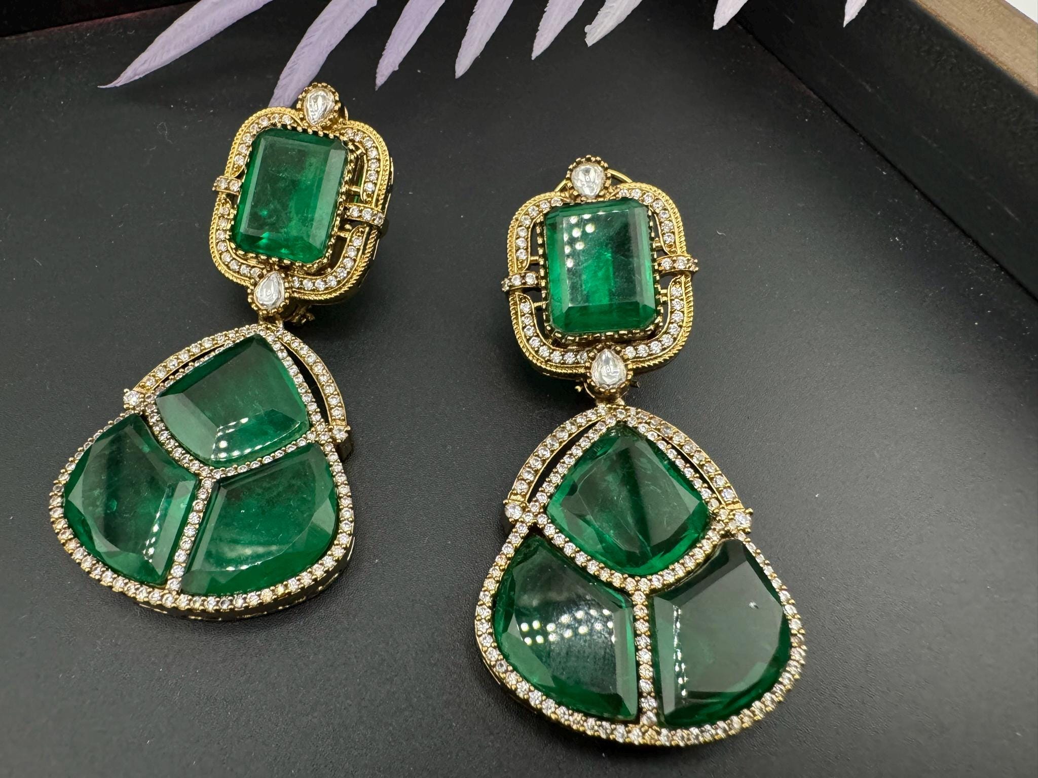 Premium Green Doublet and glass stones earrings with Moissanite kundan, CZ details designer Chandelier earring/Indian earring/Bridal Jewelry