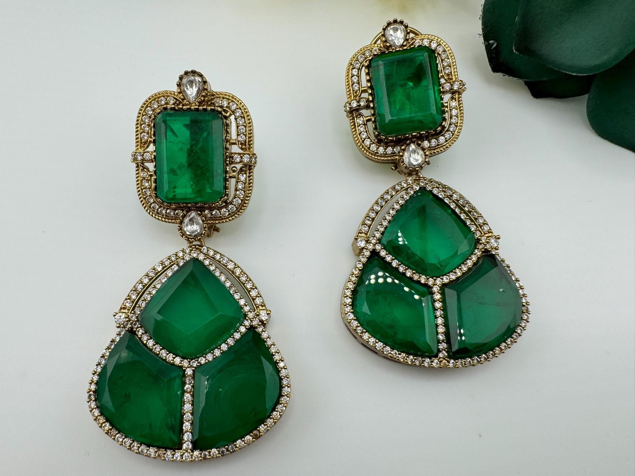 Premium Green Doublet and glass stones earrings with Moissanite kundan, CZ details designer Chandelier earring/Indian earring/Bridal Jewelry