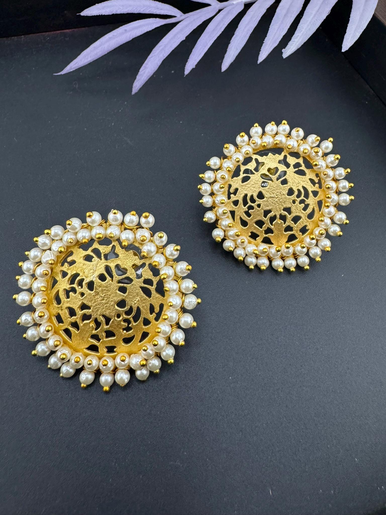 High Quality Premium Gold details and Pearls edges designer stud earring/Big Stud earring/Statement jewelry/Matt gold studs/Indian Earrings