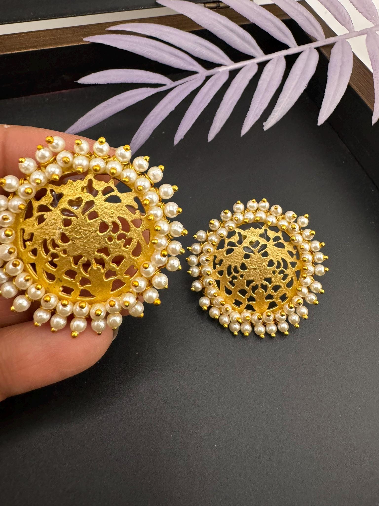 High Quality Premium Gold details and Pearls edges designer stud earring/Big Stud earring/Statement jewelry/Matt gold studs/Indian Earrings