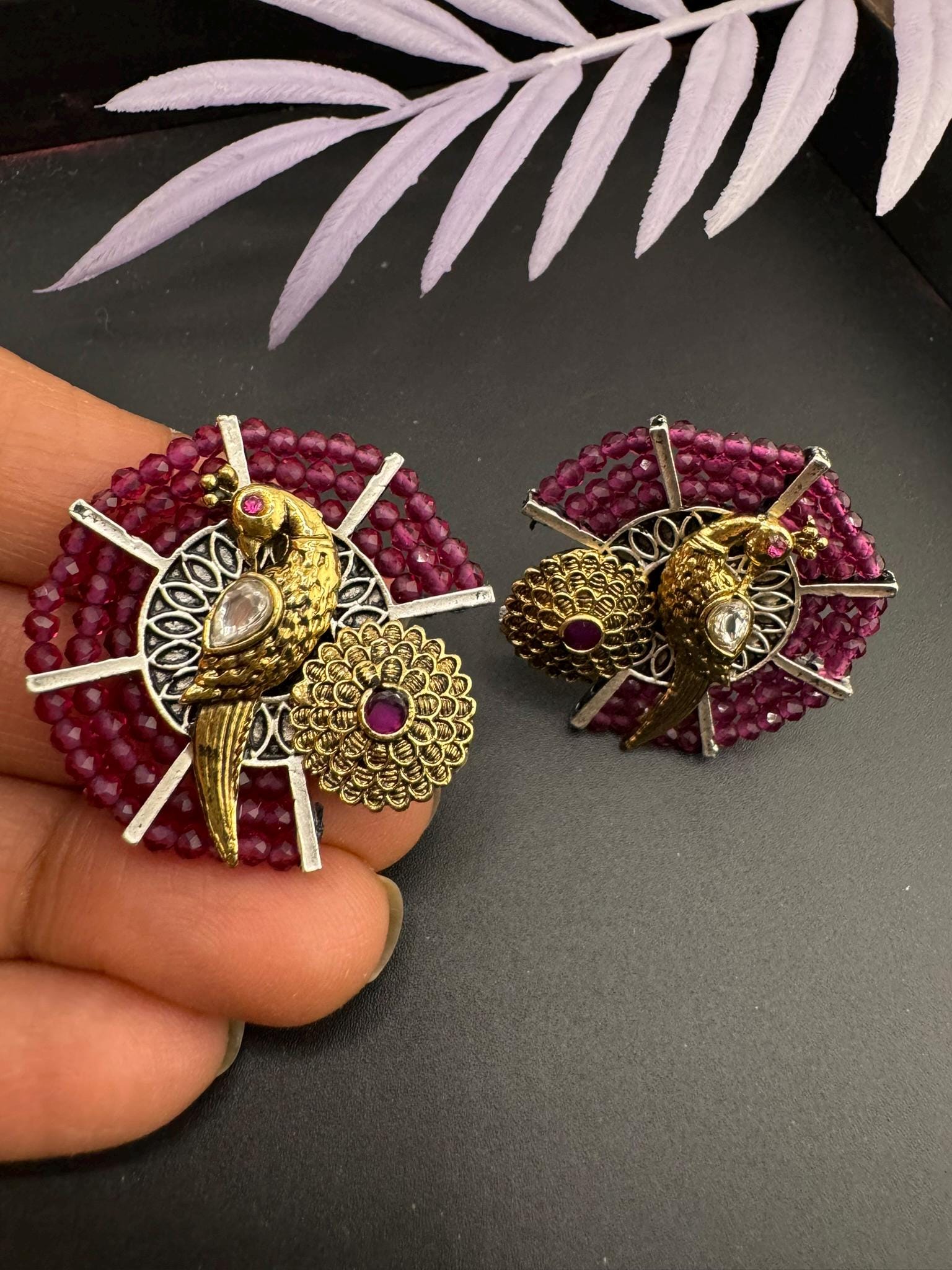 Amrapali inspired Premium designer stud earrings with Purple Beads and Peacock detailing