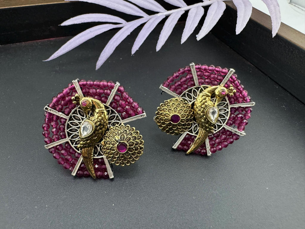Amrapali inspired Premium designer stud earrings with Purple Beads and Peacock detailing