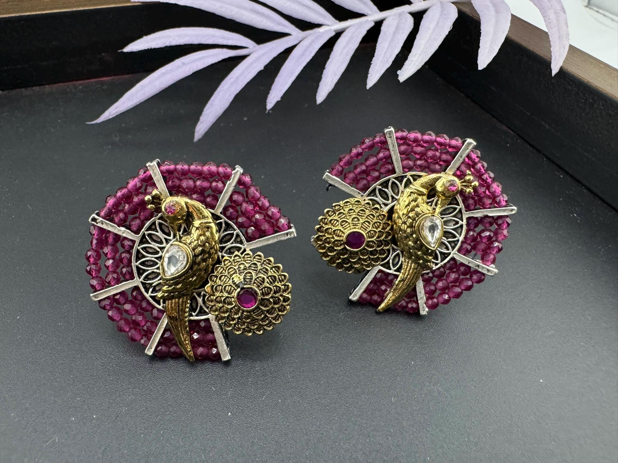 Amrapali inspired Premium designer stud earrings with Purple Beads and Peacock detailing