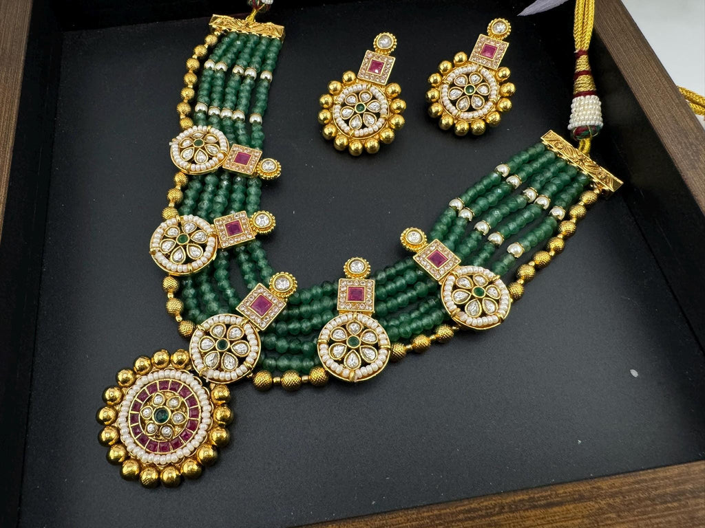 Amrapali Inspired Premium Rajwadi Neacklace set with Kundan, onyx beads in Matt Gold, Rani Haar