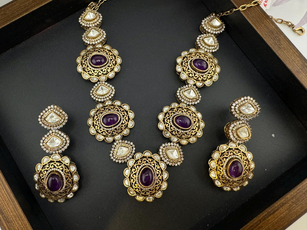 Amrapali inspired Premium fusion Necklace set in Moissanite, uncut Kundan, CZ and Doublet stones in matt gold finish with earrings