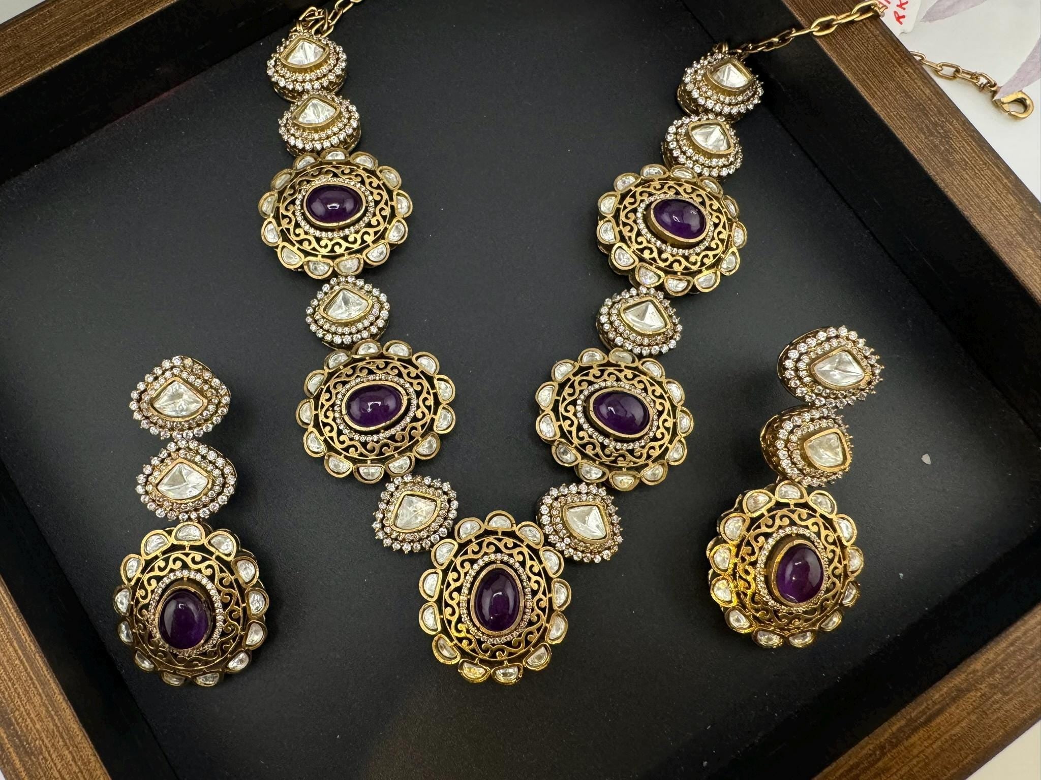 Amrapali inspired Premium fusion Necklace set in Moissanite, uncut Kundan, CZ and Doublet stones in matt gold finish with earrings