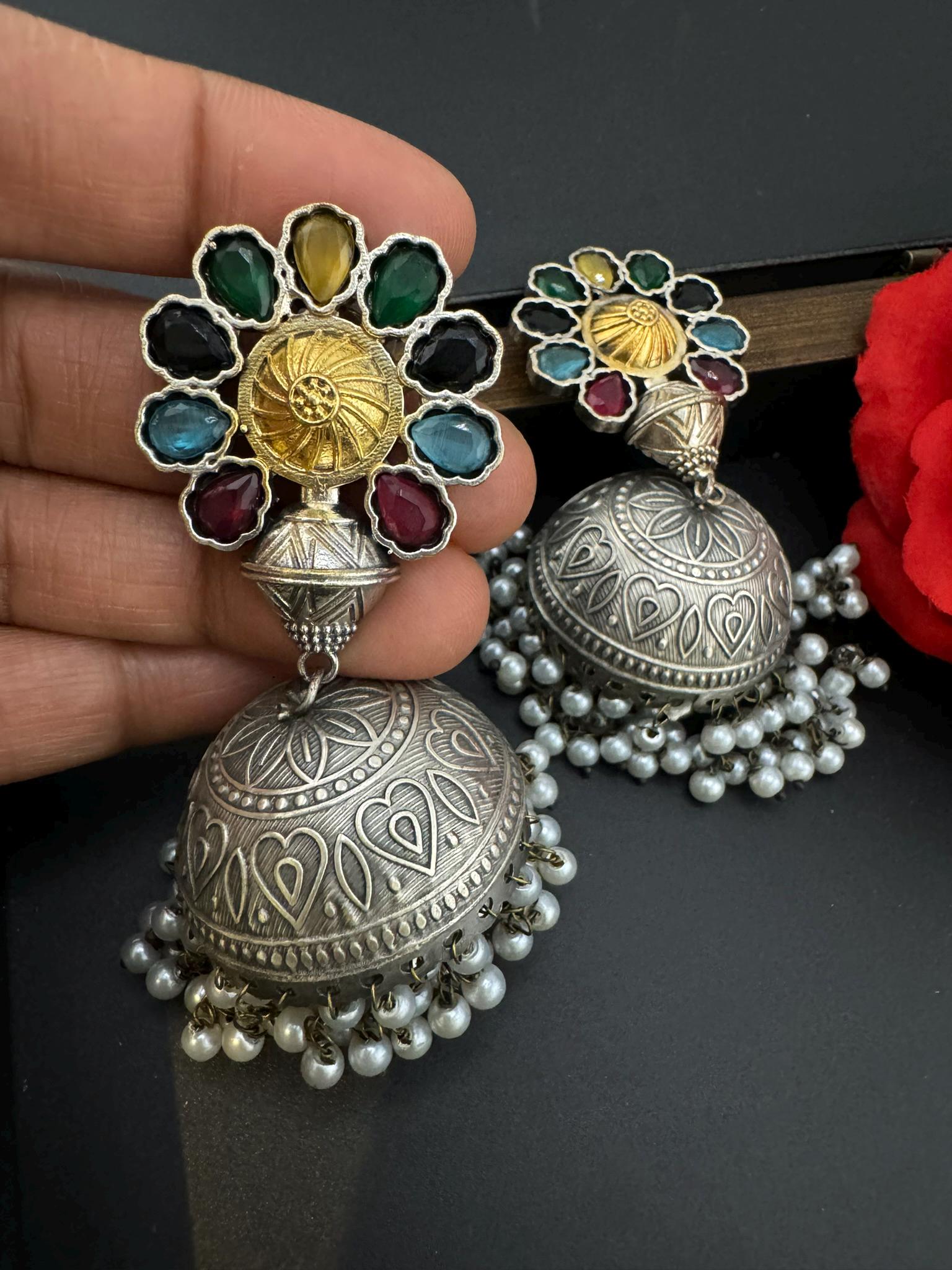 Silver Polish Premium Oxidized earrings Antique looking multicolor big Jhumka in natural stones, pearls/Indian Earring/Statement jewelry