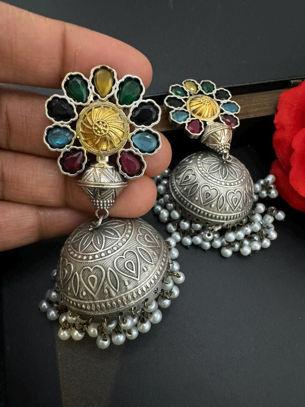 Silver Polish Premium Oxidized earrings Antique looking multicolor big Jhumka in natural stones, pearls/Indian Earring/Statement jewelry