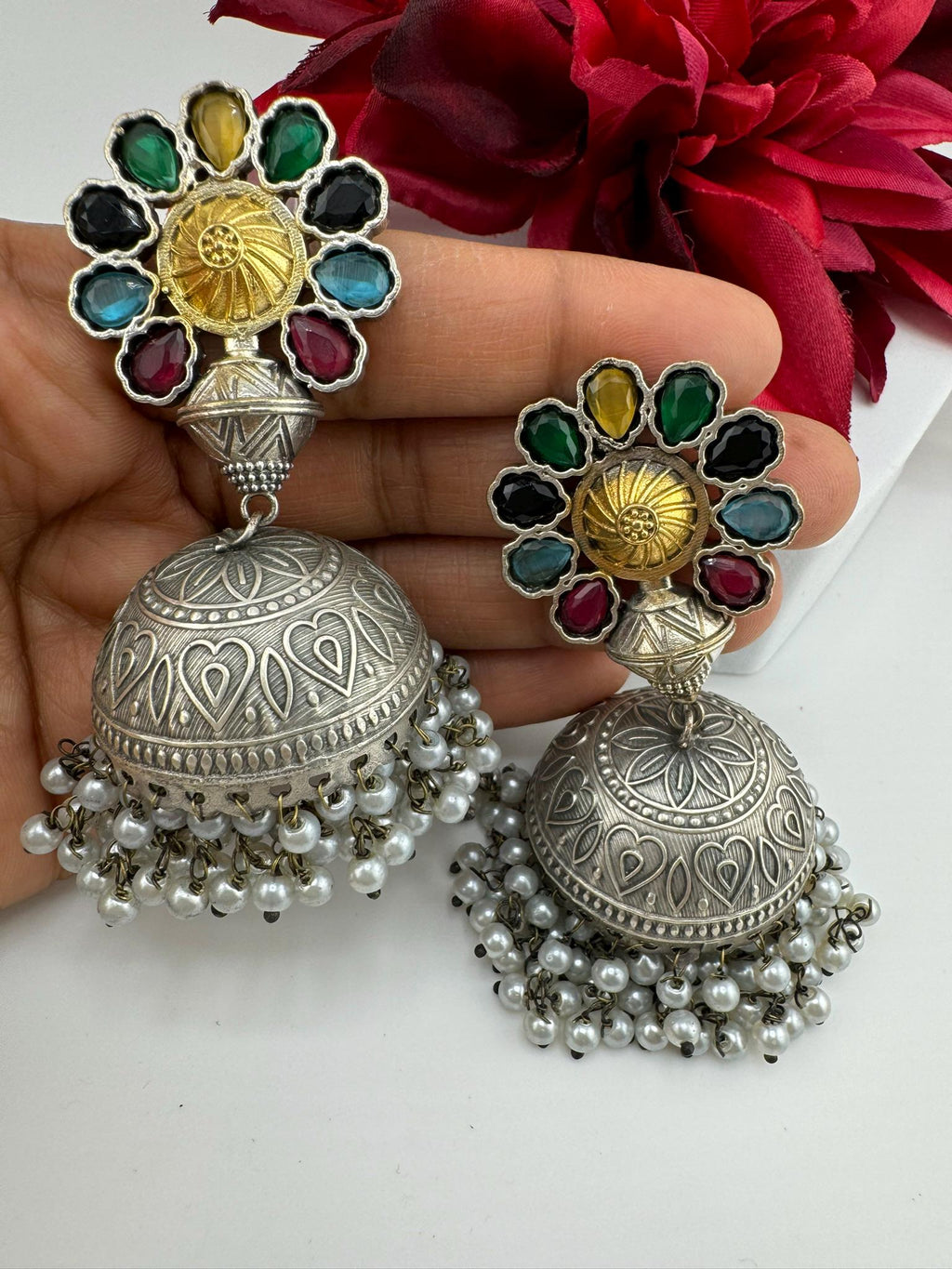 Silver Polish Premium Oxidized earrings Antique looking multicolor big Jhumka in natural stones, pearls/Indian Earring/Statement jewelry