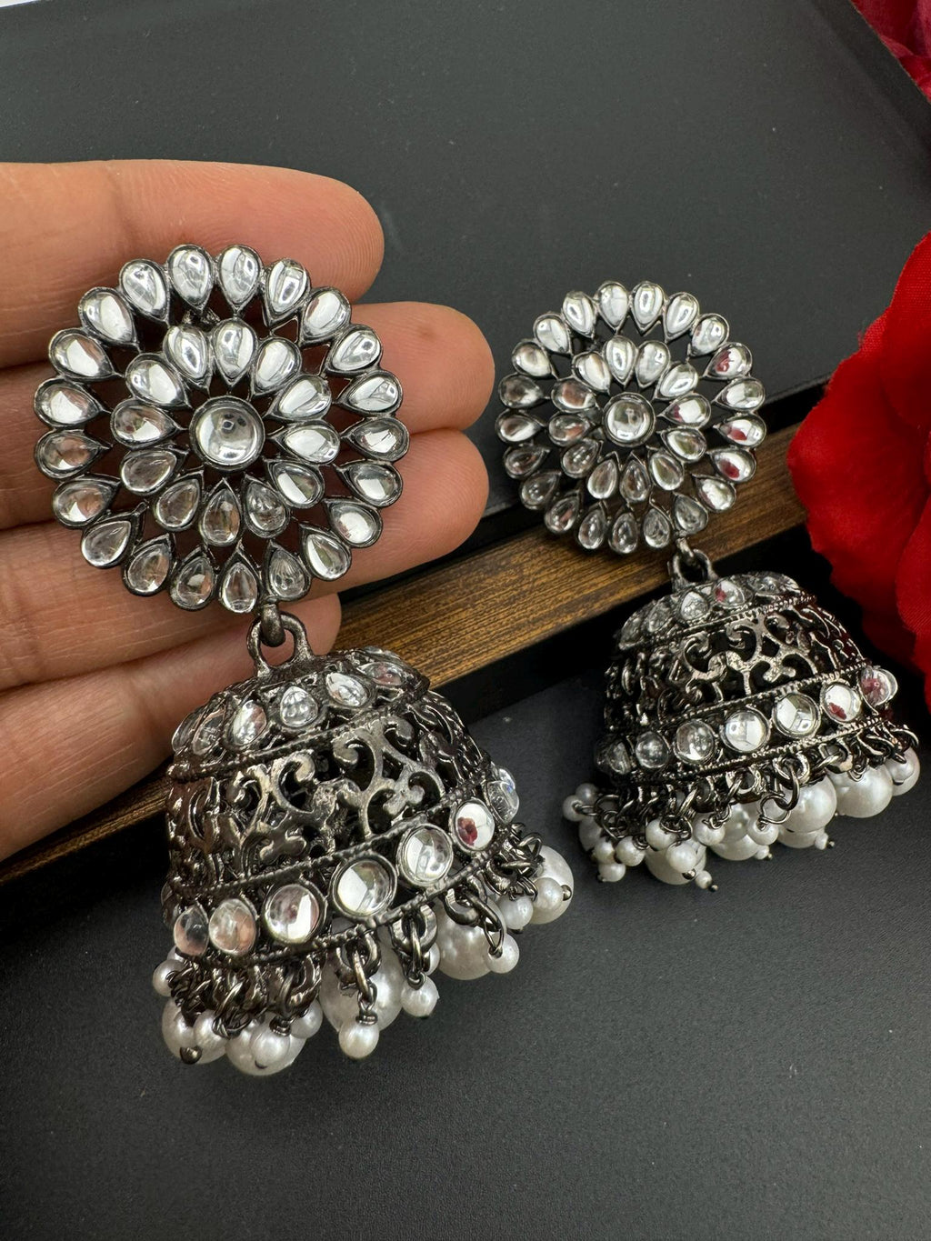 Dark Silver Polish Oxidized earrings Jhumka with stones and pearls