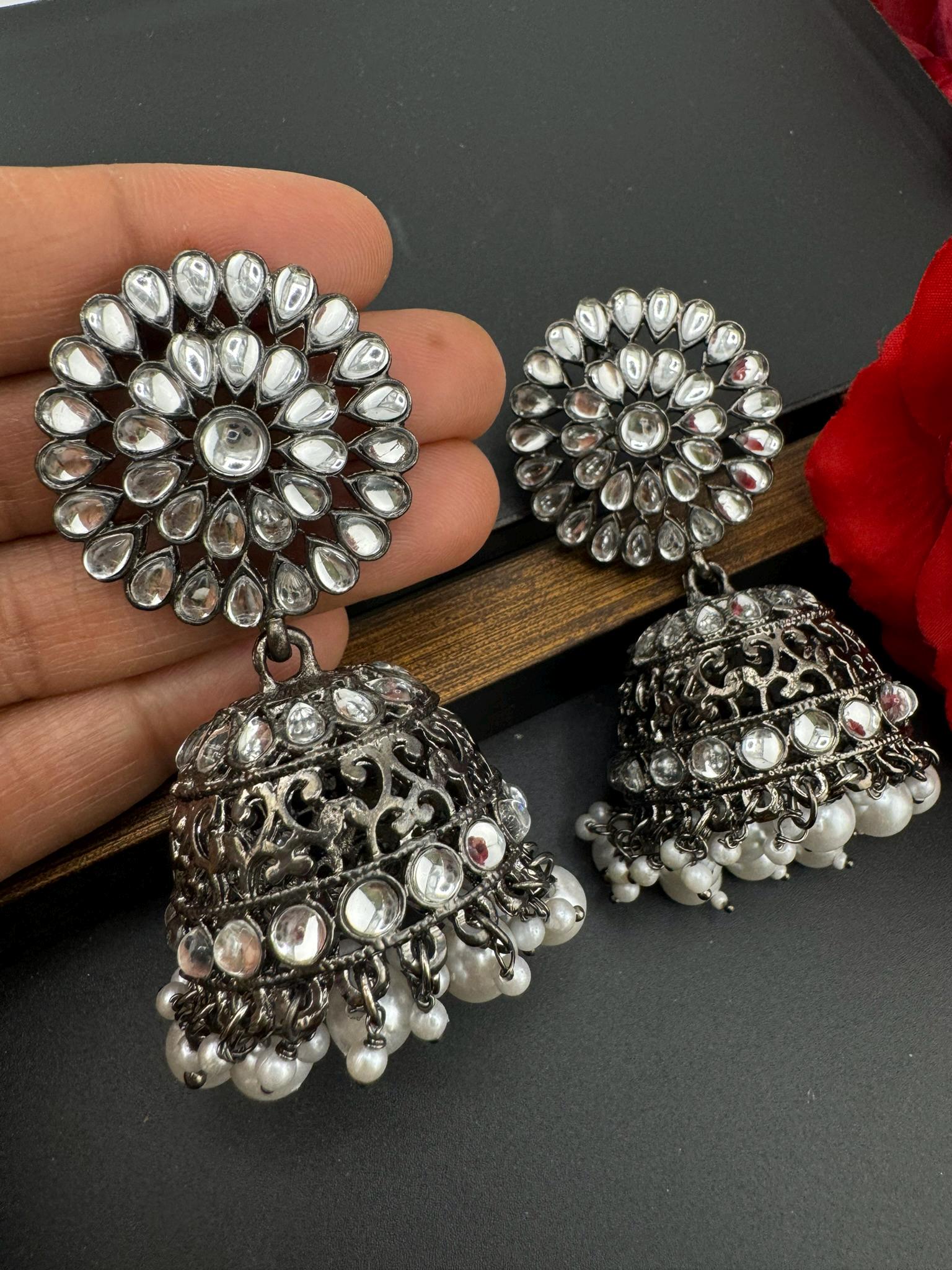 Dark Silver Polish Oxidized earrings Jhumka with stones and pearls