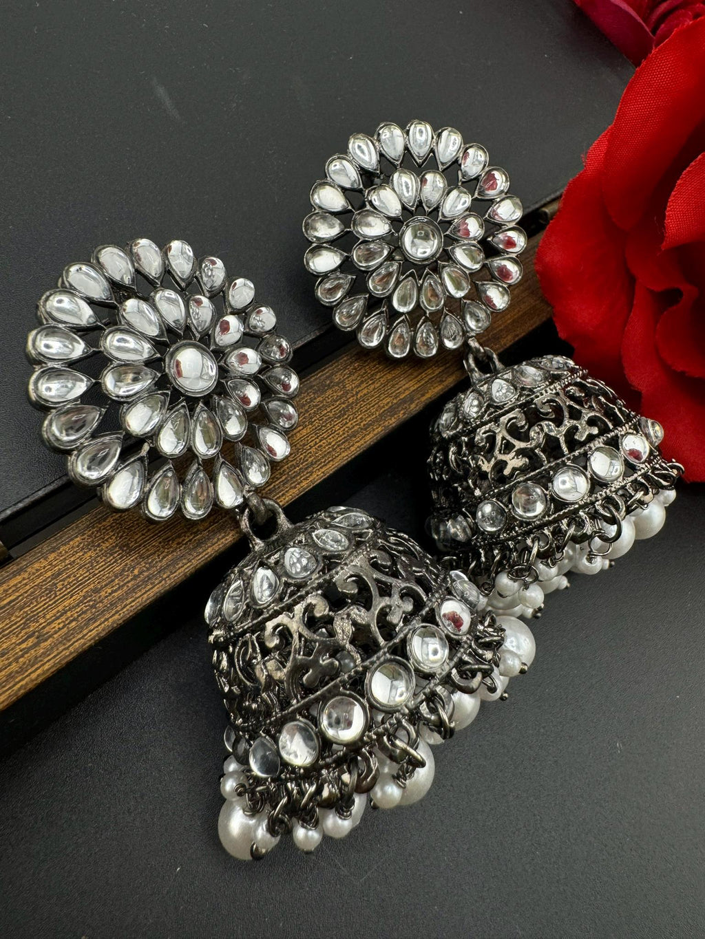 Dark Silver Polish Oxidized earrings Jhumka with stones and pearls