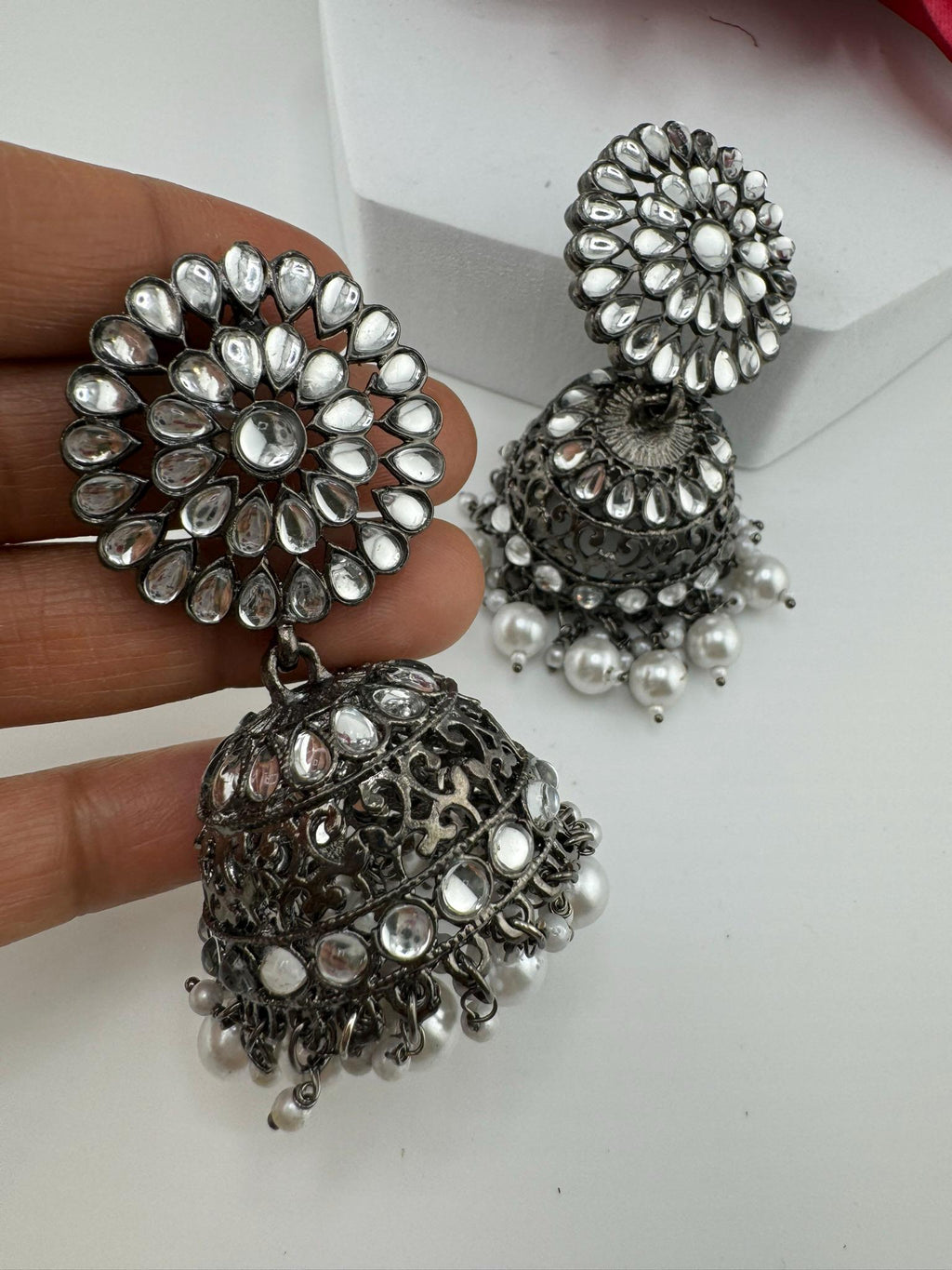 Dark Silver Polish Oxidized earrings Jhumka with stones and pearls