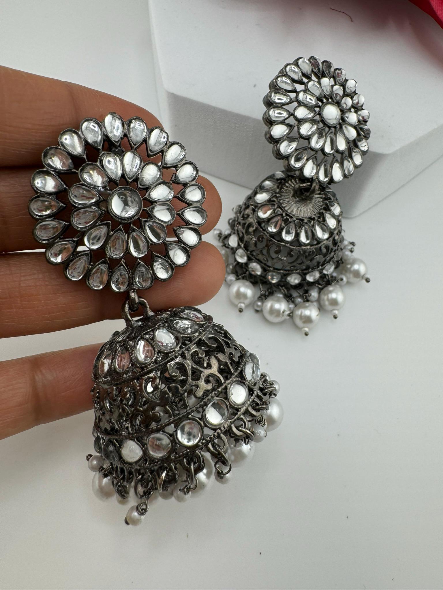 Dark Silver Polish Oxidized earrings Jhumka with stones and pearls