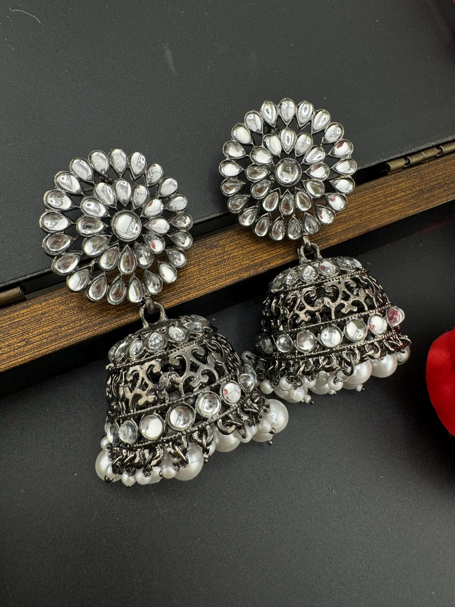 Dark Silver Polish Oxidized earrings Jhumka with stones and pearls