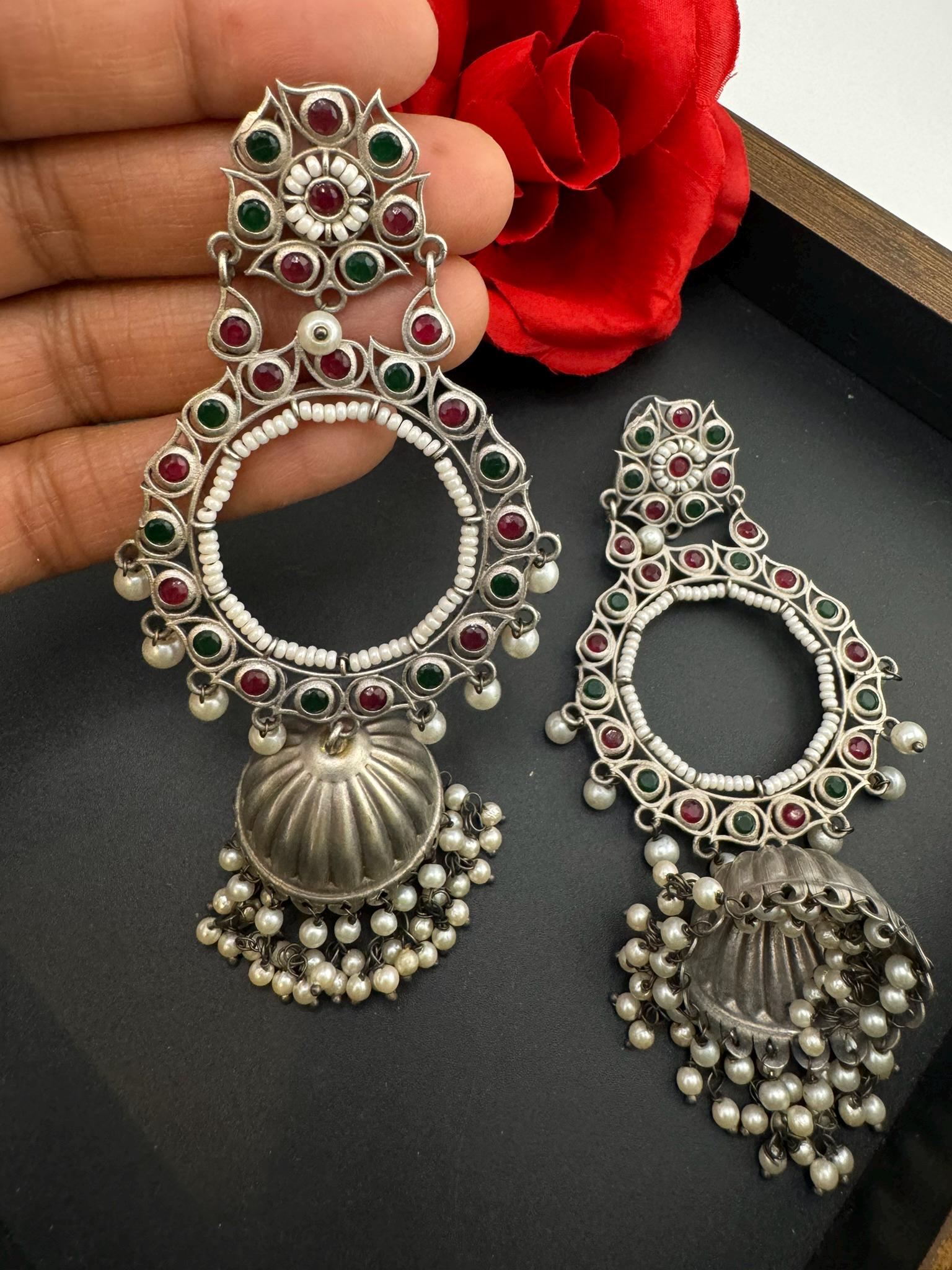 German Silver Oxidized long Oversized Jhumka earrings with multicolor stones