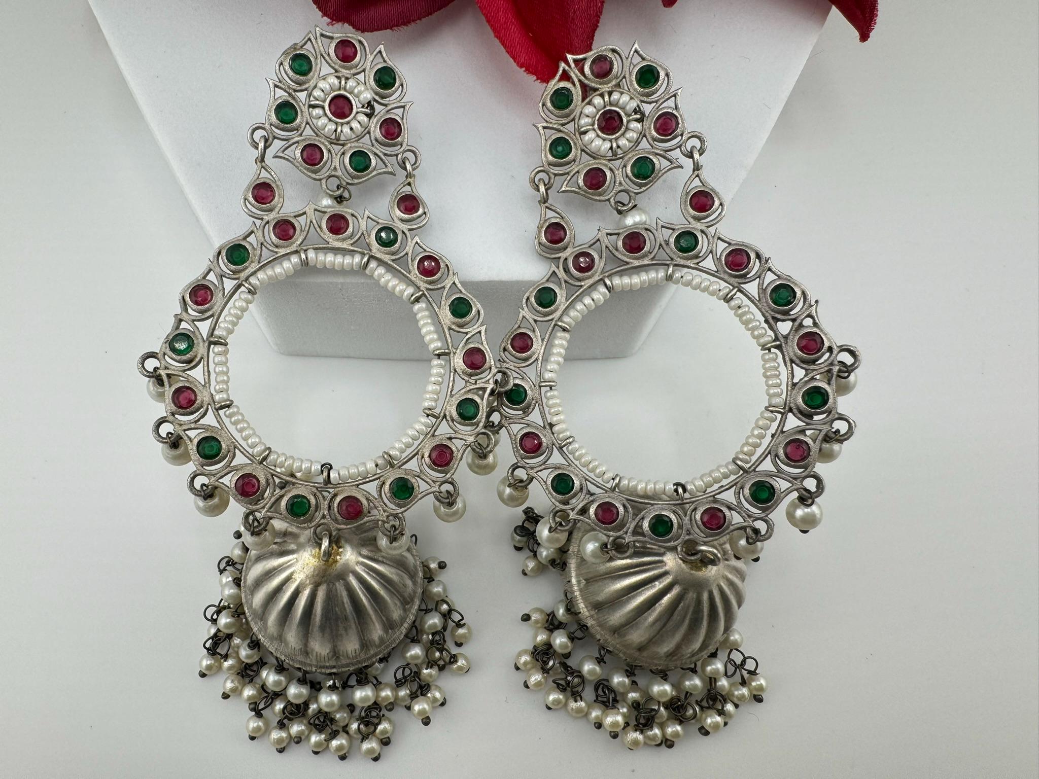 German Silver Oxidized long Oversized Jhumka earrings with multicolor stones