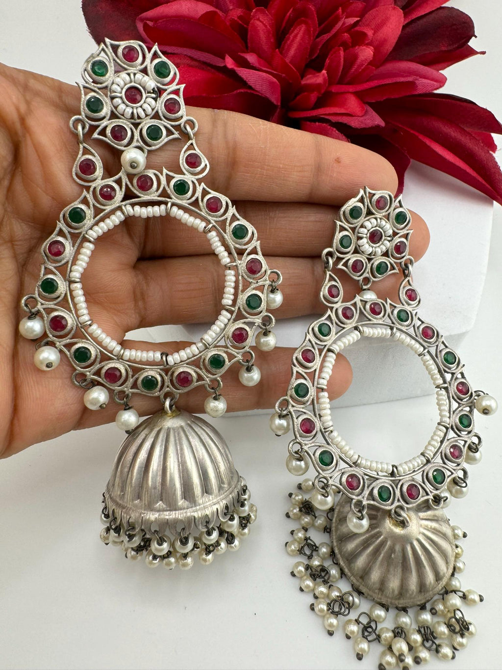 German Silver Oxidized long Oversized Jhumka earrings with multicolor stones